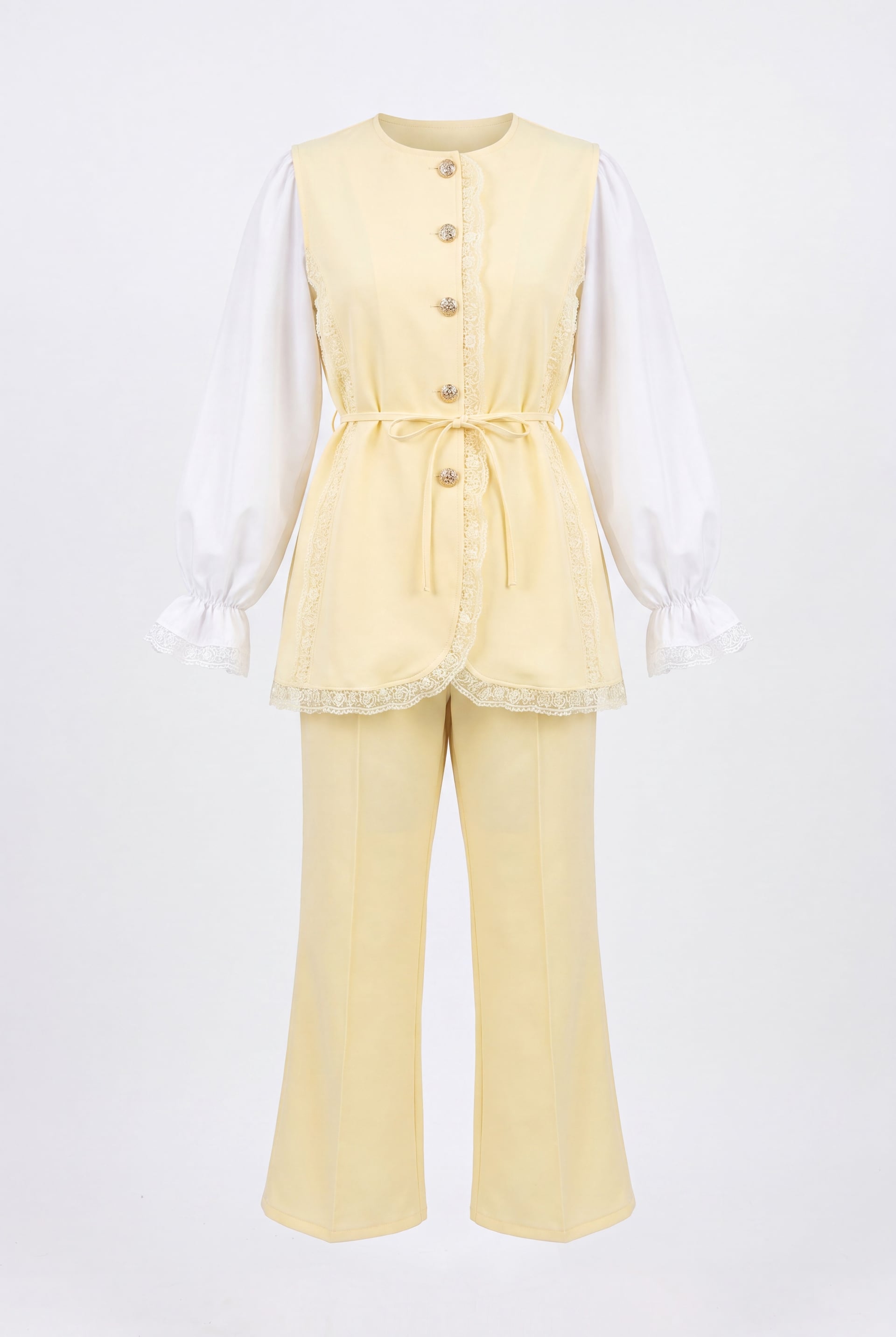Lace Detail Belted Vest and Wide-Leg Trouser Two-Piece Crepe Set - Yellow - Podyumplus - by Peralane - photo 5