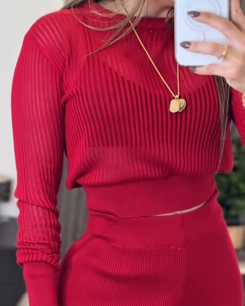 Women's Long-Sleeve Crew Neck Ribbed Knit Top and Wide-Leg Trousers Set in Red - Janes - by Peralane - photo 4