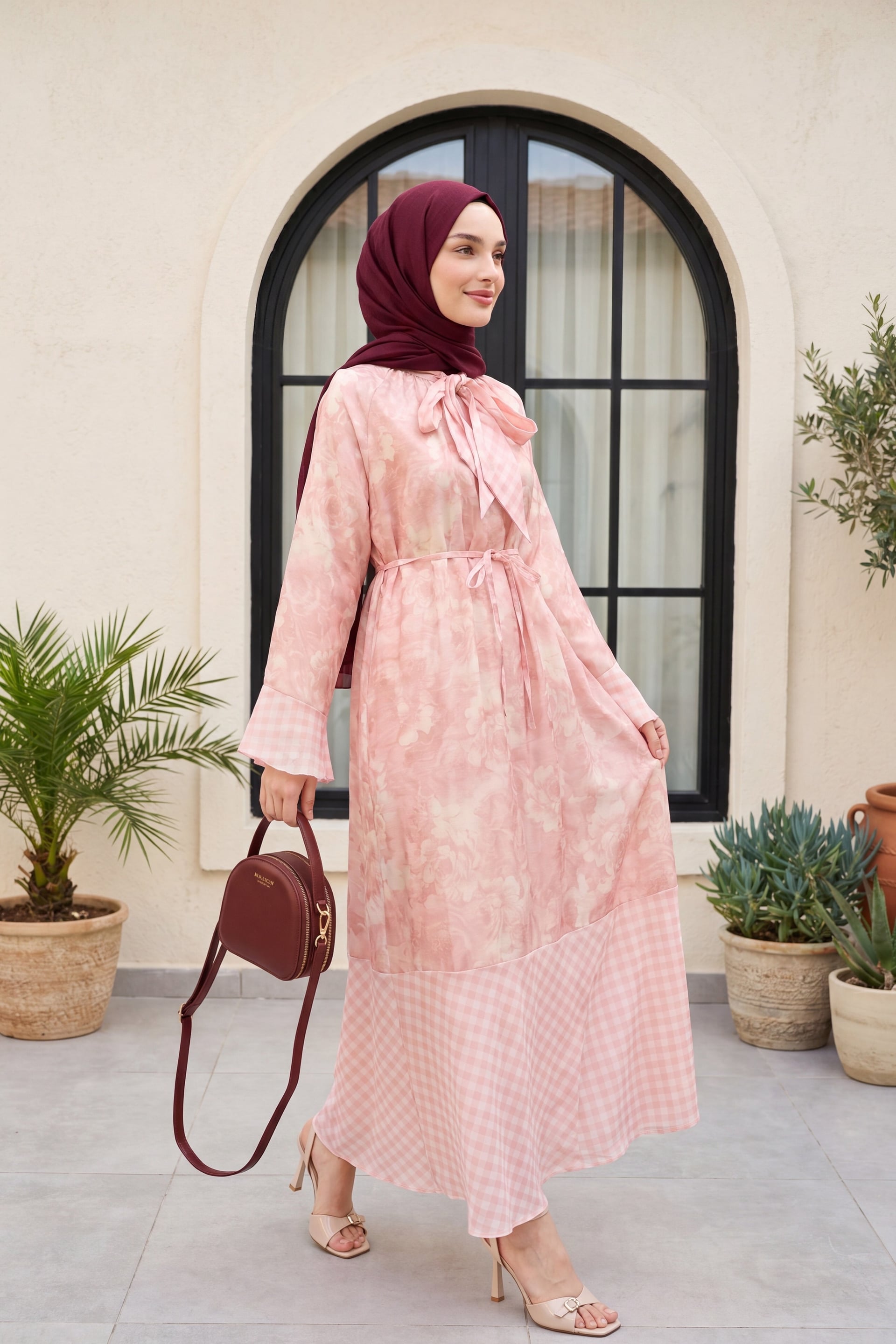 Women's Floral and Gingham Chiffon Dress with Tie Neck and Belt - Salmon - Podyumplus - by Peralane