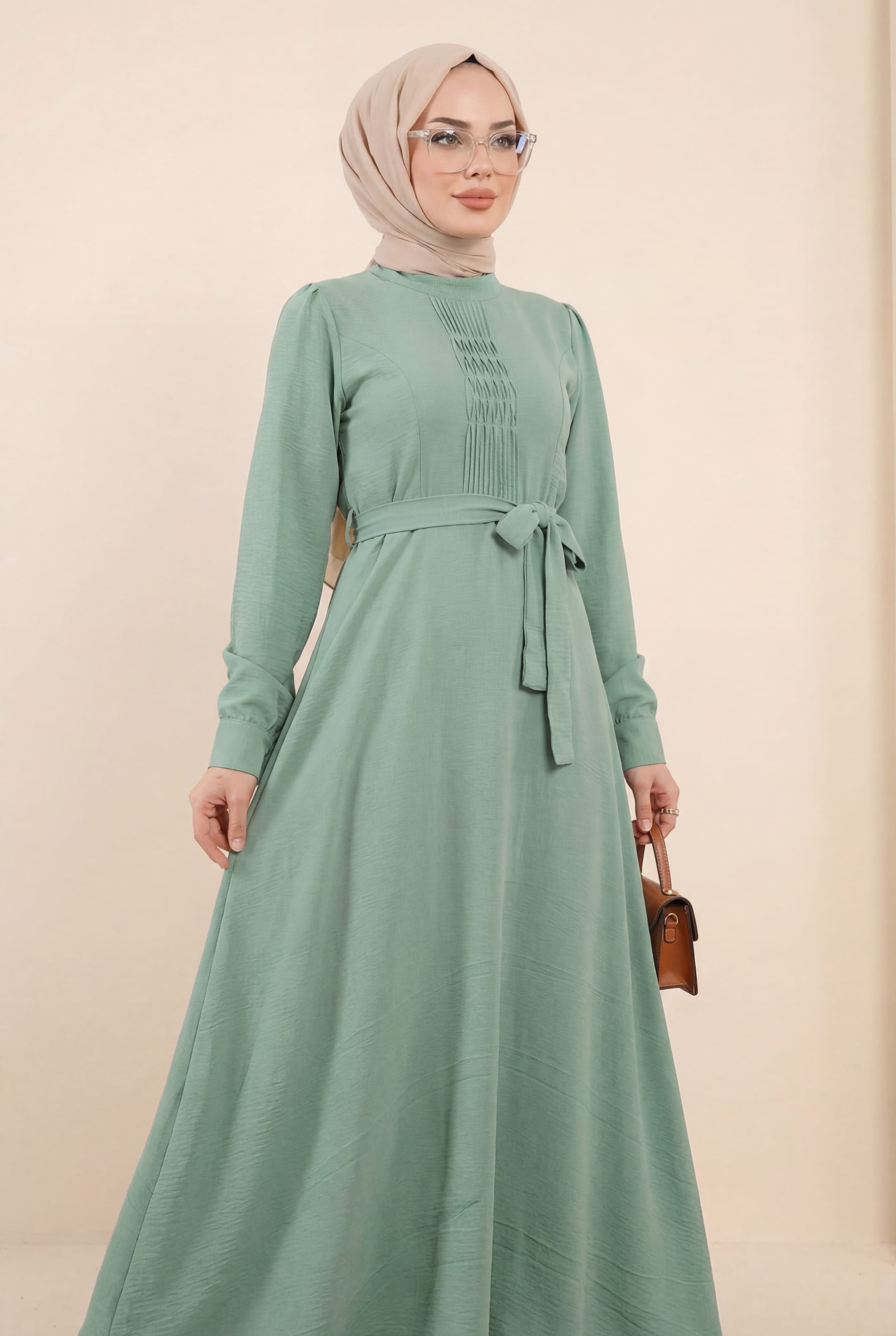 Pleated Tie-Belt Ayrobin Dress with Long Sleeves - Light Green - Podyumplus - by Peralane - photo 2