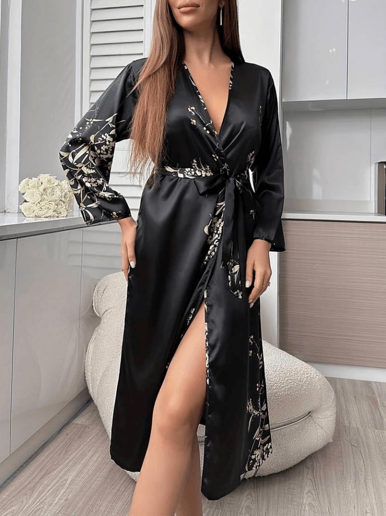 Women's Long Sleeve V-Neck Floral Print Tie Waist Midi Satin Nightdress - Janes - by Peralane - photo 2
