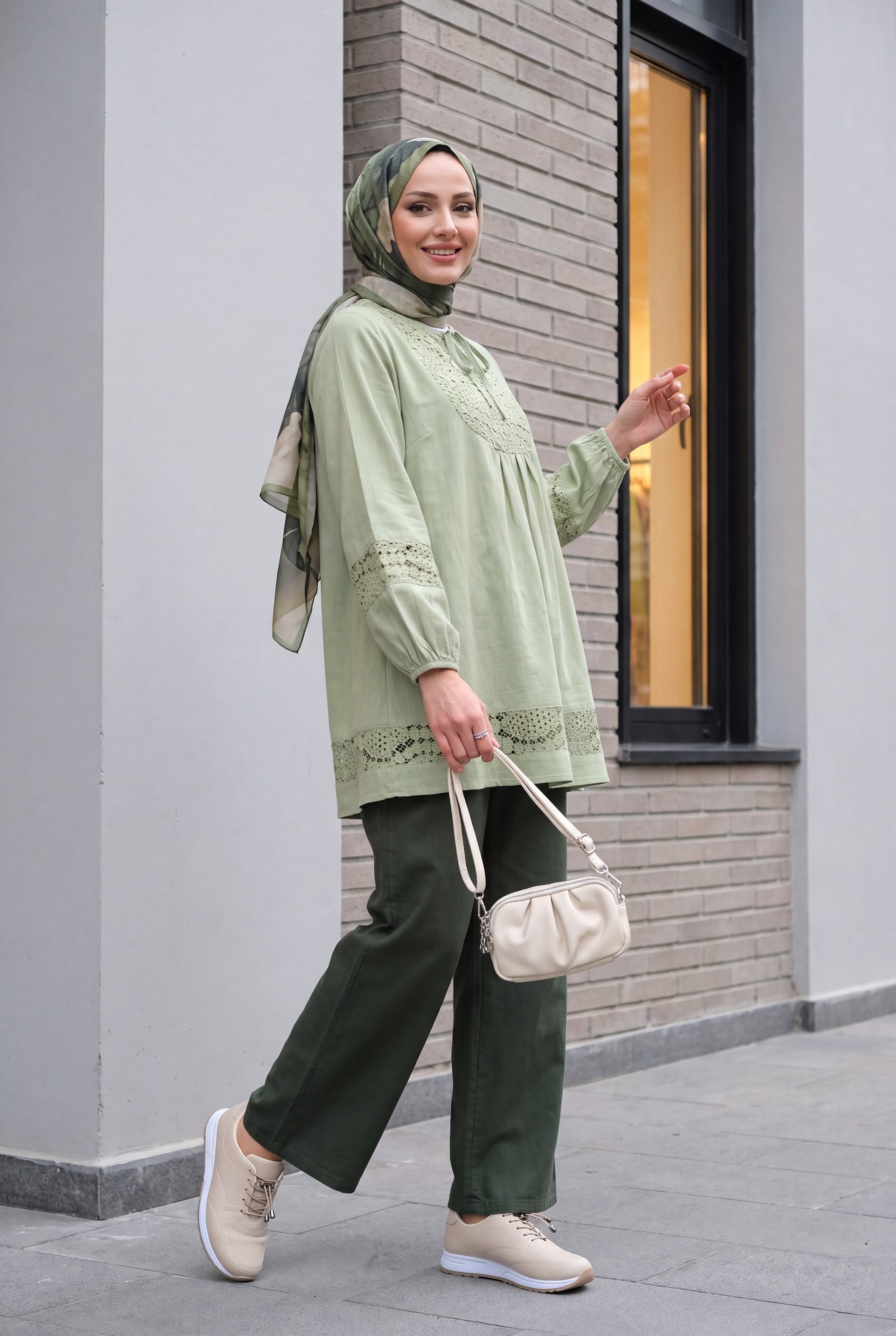 Lace Detail Tie Neck Long Sleeve Tunic - Light Green - Podyumplus - by Peralane - photo 5