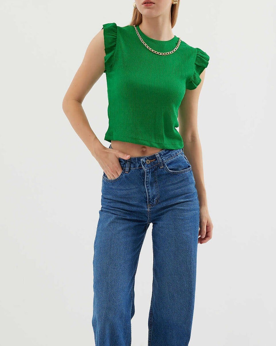 Green Ribbed Knit Blouse with Ruffled Cap Sleeves - Bigdart - by Peralane - photo 2