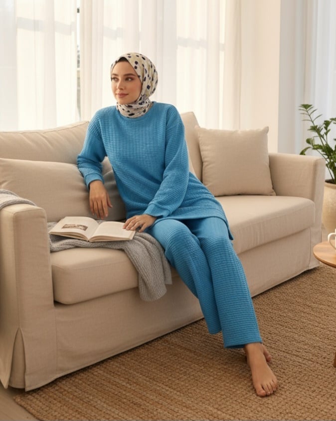 Crew Neck Quilted Set with Slit - Blue - Podyumplus - by Peralane