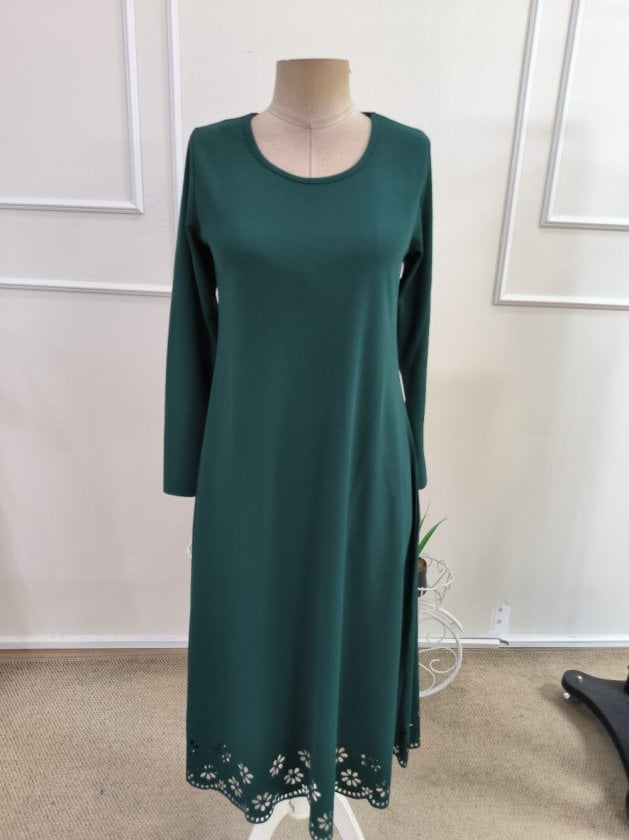 Women's Long-Sleeved Round Neck Floral Laser-Cut Detail Imported Crepe Midi Dress in Dark Green - Janes - by Peralane - photo 4