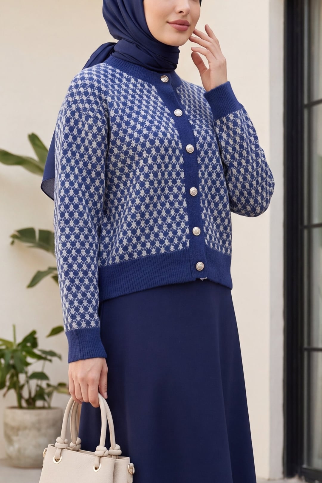 Round Neck Buttoned Patterned Knit Cardigan - Indigo - Podyumplus - by Peralane