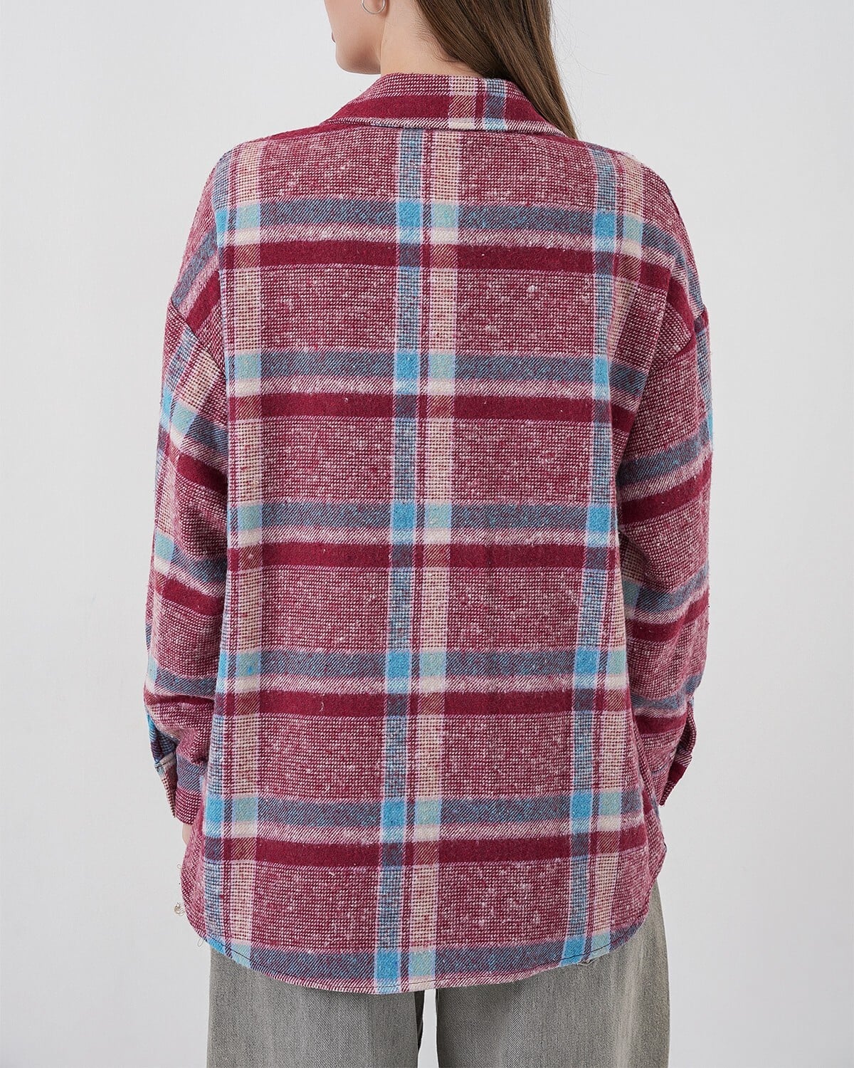 Women's Oversized Plaid Flannel Shirt with Button Front - Burgundy Blue Cream - Bigdart - by Peralane - photo 6