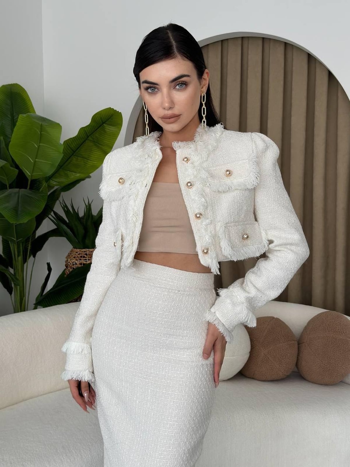 Women's Ecru Tweed Two-Piece Set: Cropped Jacket and Pencil Skirt - Etika - by Peralane - photo 3