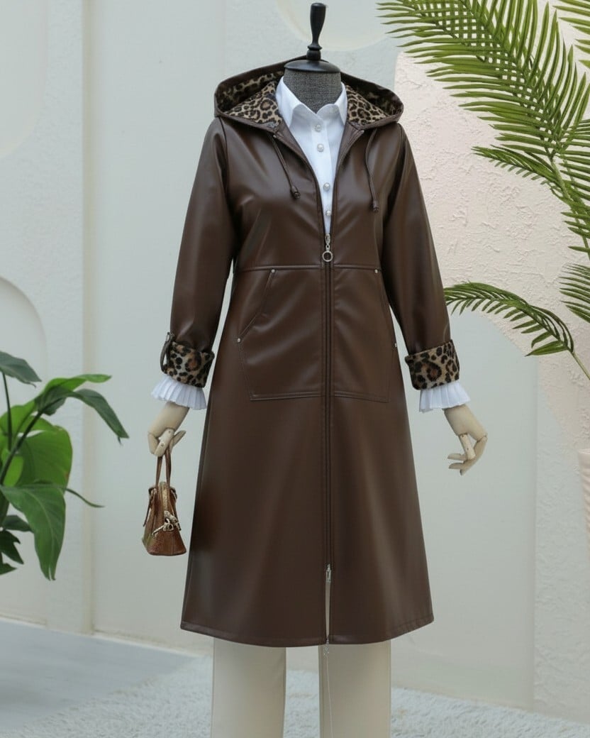 Brown Faux Leather Hooded Zip Jacket with Leopard Print Lining - Podyumplus - by Peralane - photo 4