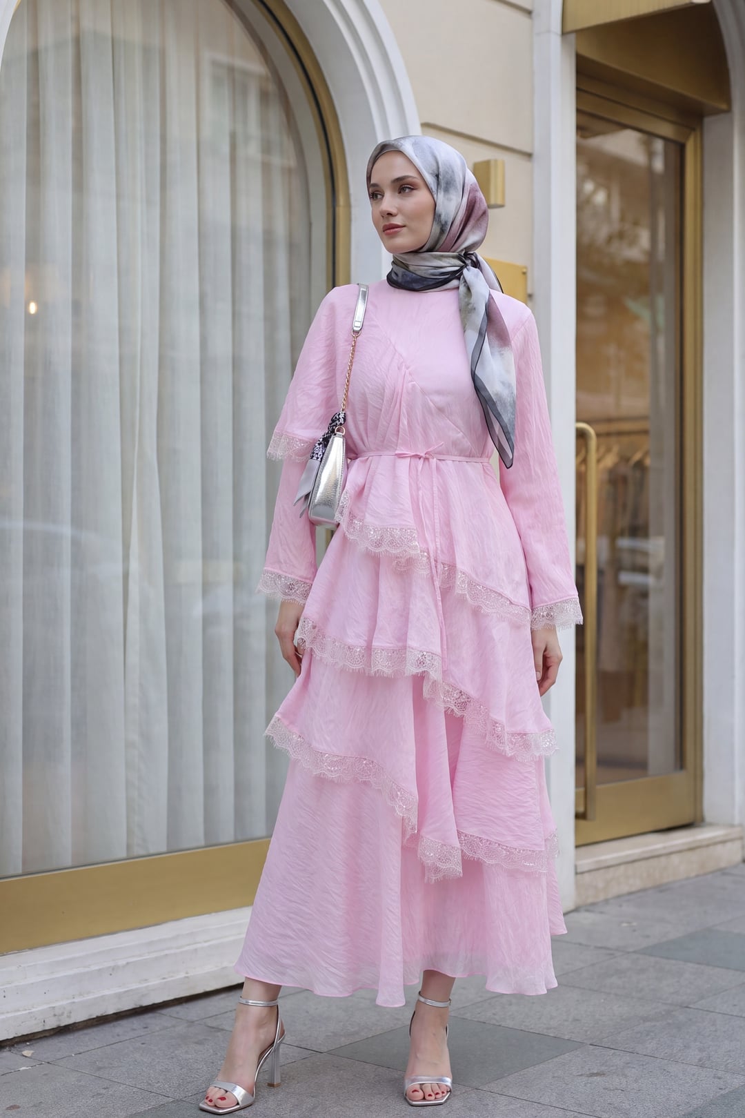 Pink Tiered Lace-Trimmed Belted Tulle Modal Dress - Podyumplus - by Peralane - photo 3