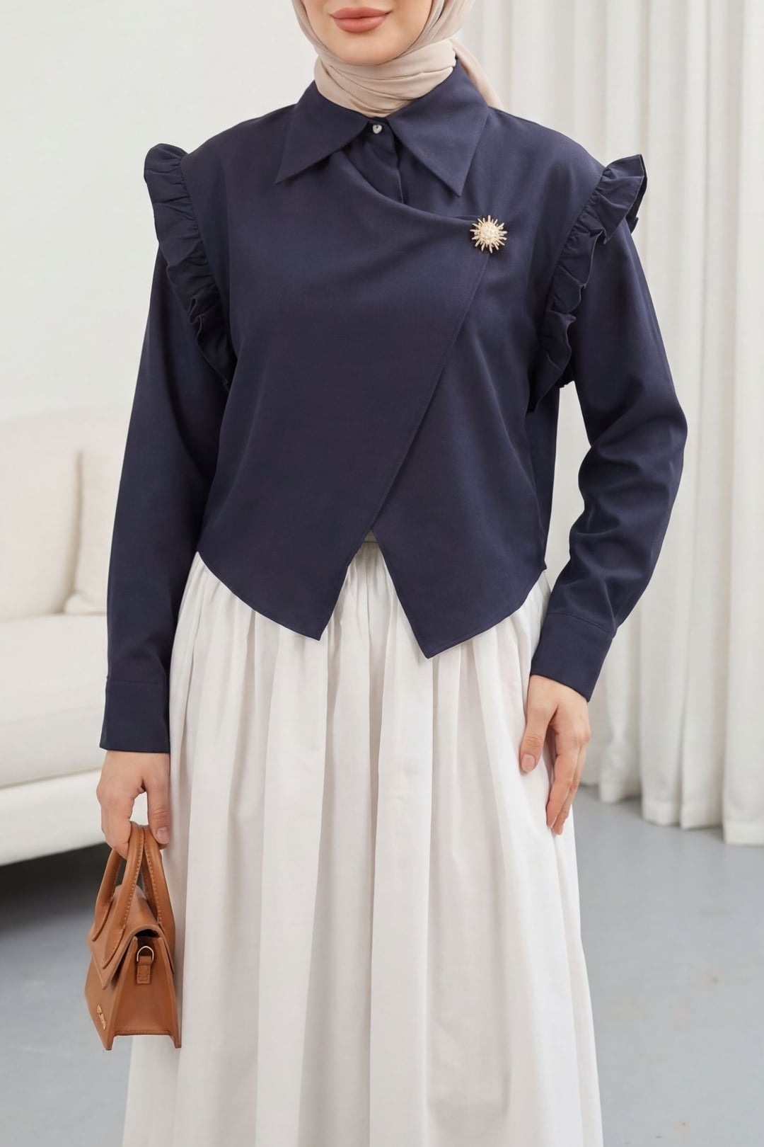 Navy Blue Ruffle Shoulder Wrap Blouse with Brooch Detail - Podyumplus - by Peralane - photo 3