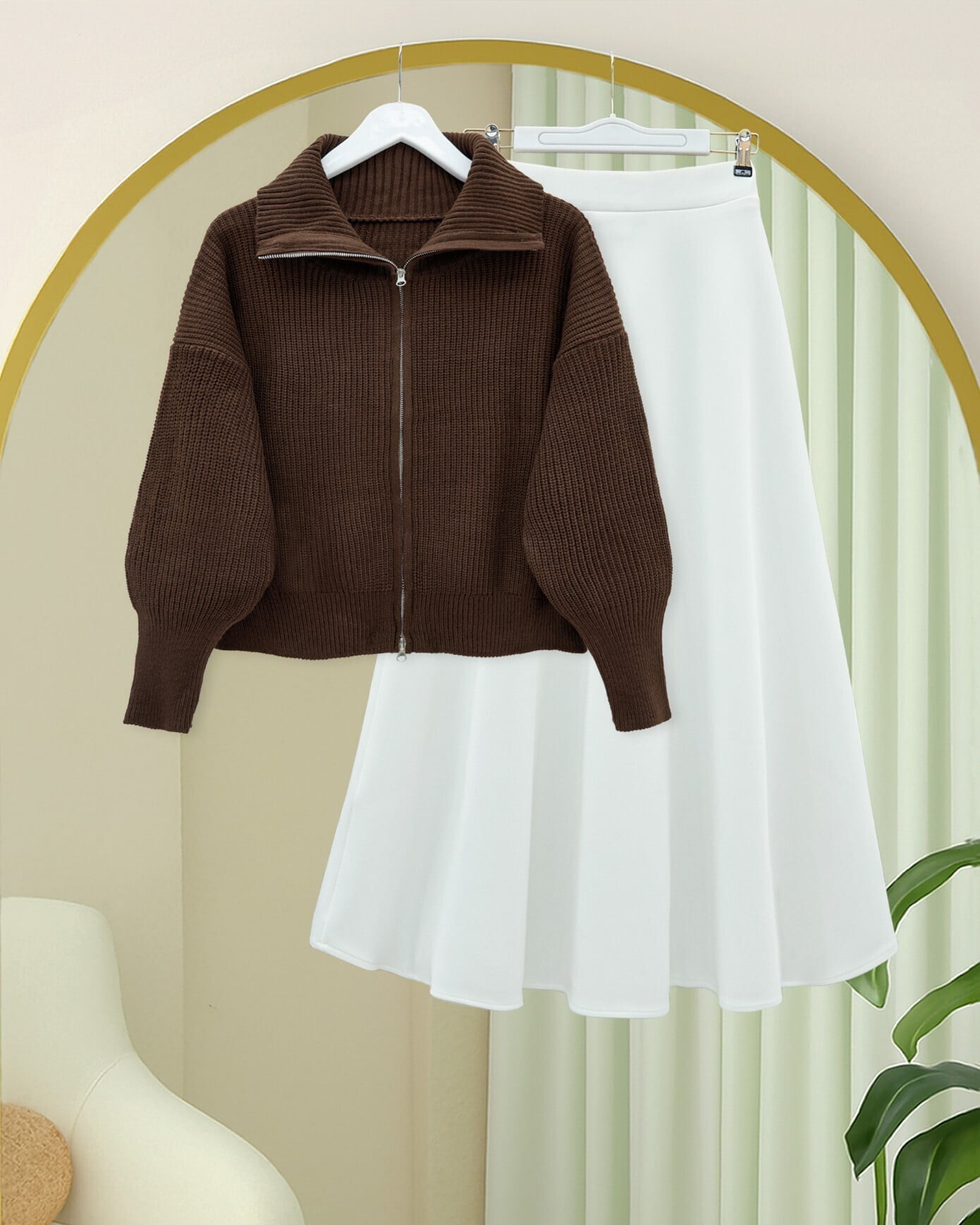 Half Collar Zip Knit Cardigan - Brown - Podyumplus - by Peralane - photo 4
