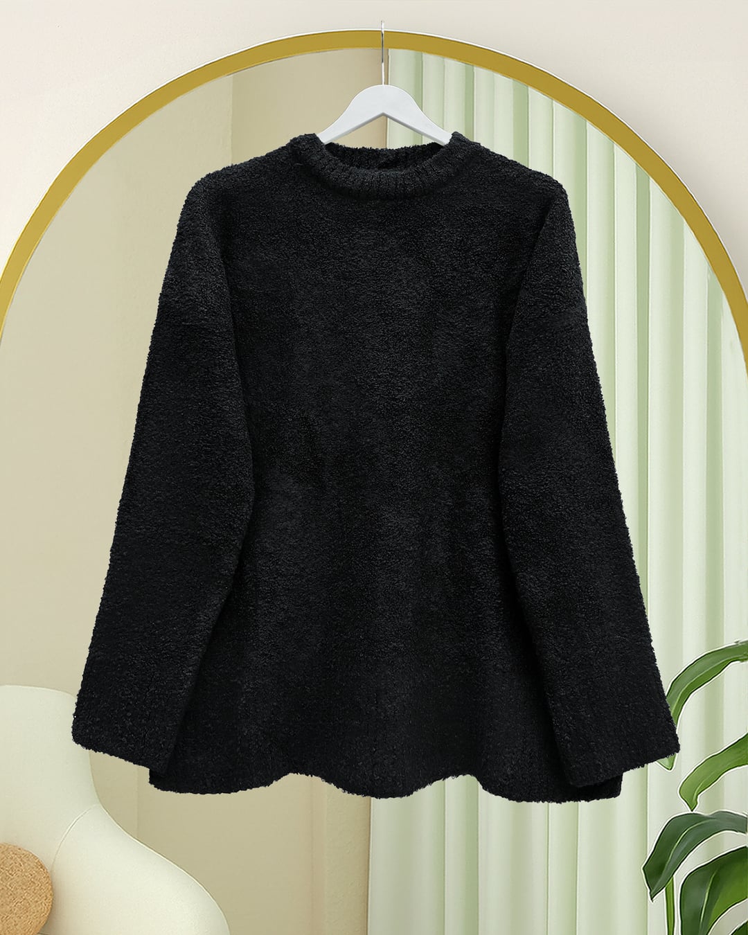 Round Neck Relaxed Fluffy Knit Sweater - Black - Podyumplus - by Peralane - photo 2