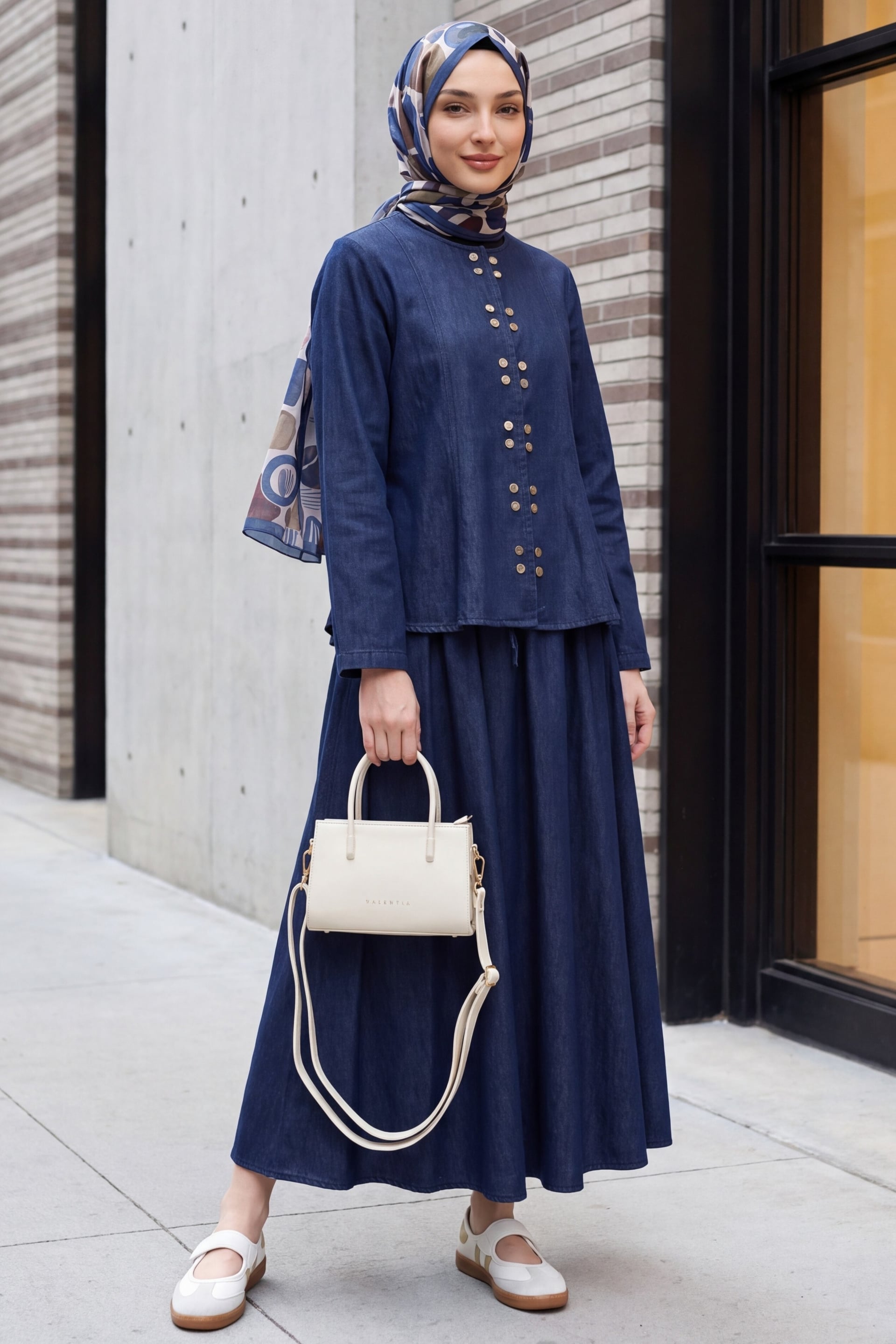 Snap-Front Laced Skirt Denim Co-ord Set - Dark Navy - Podyumplus - by Peralane - photo 3