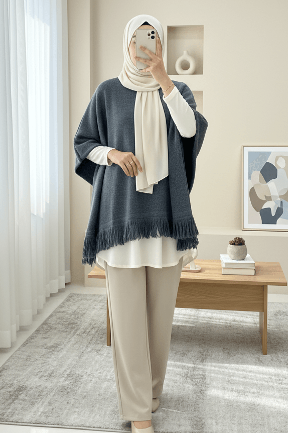 Fringed Hem Knitted Poncho - Smoke - Podyumplus - by Peralane