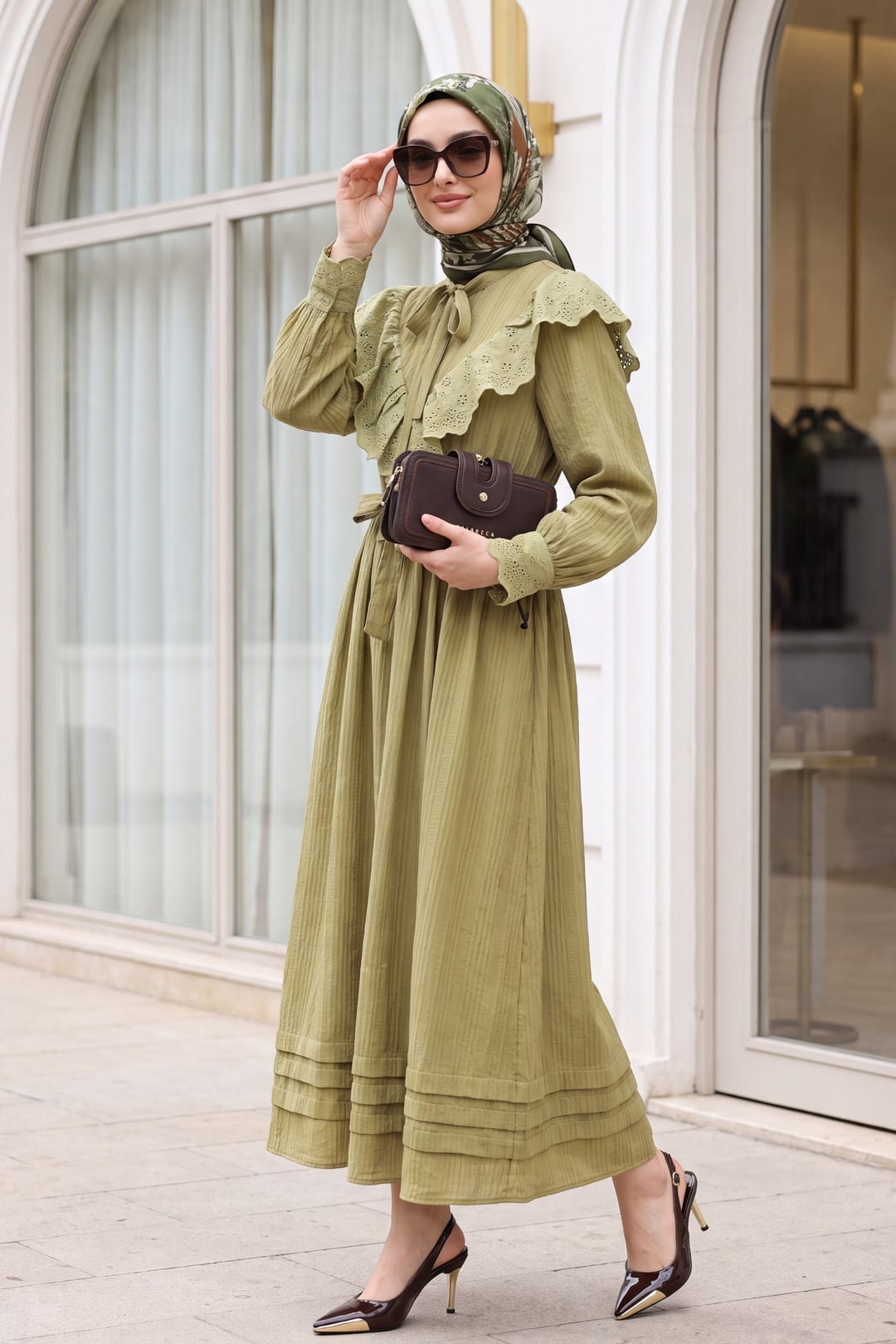 Tie-Neck Flounced Lined Crinkle Dress - Olive Green - Podyumplus - by Peralane