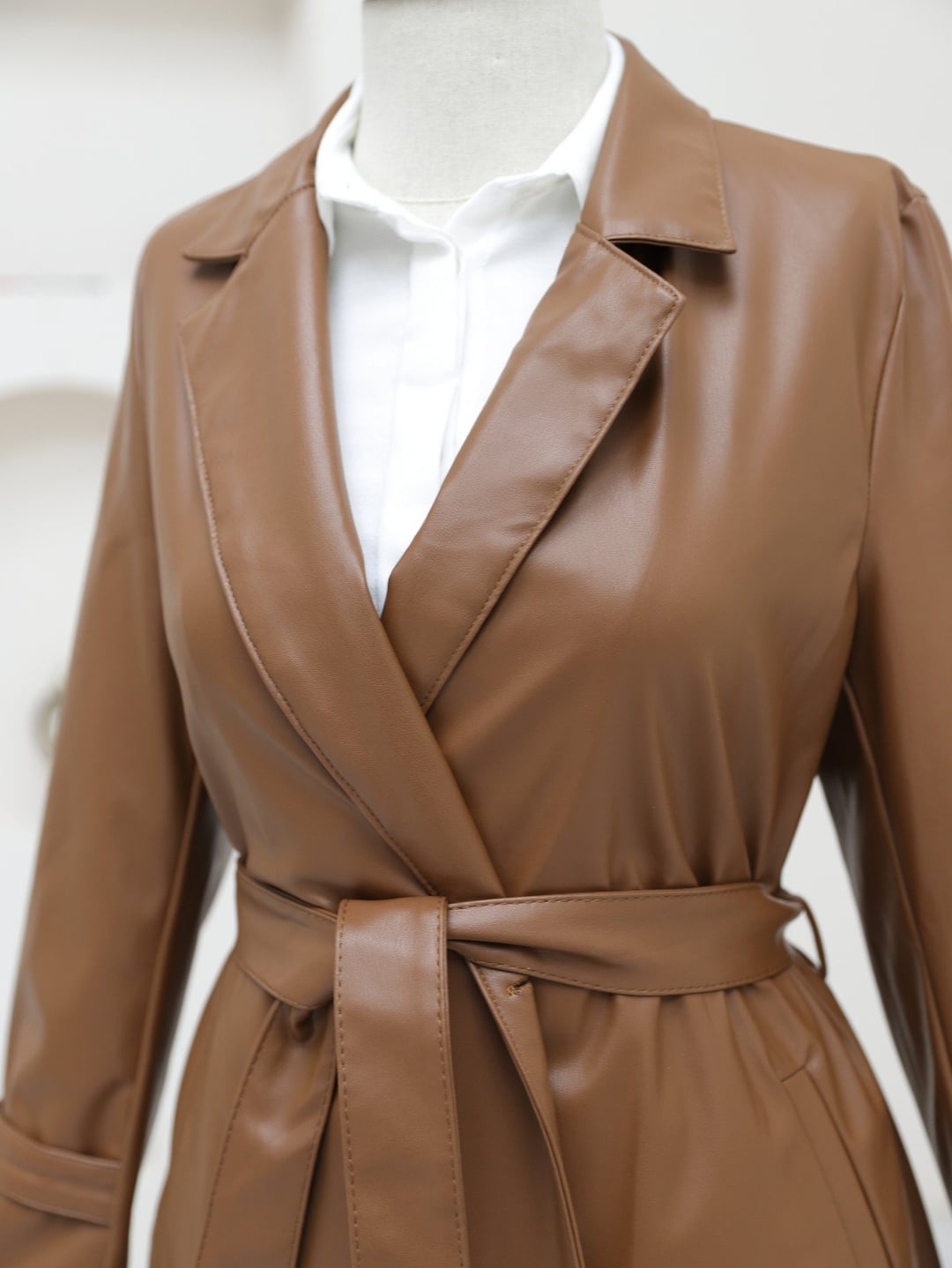 Belted Faux Leather Trench Coat - Tan - Podyumplus - by Peralane - photo 11