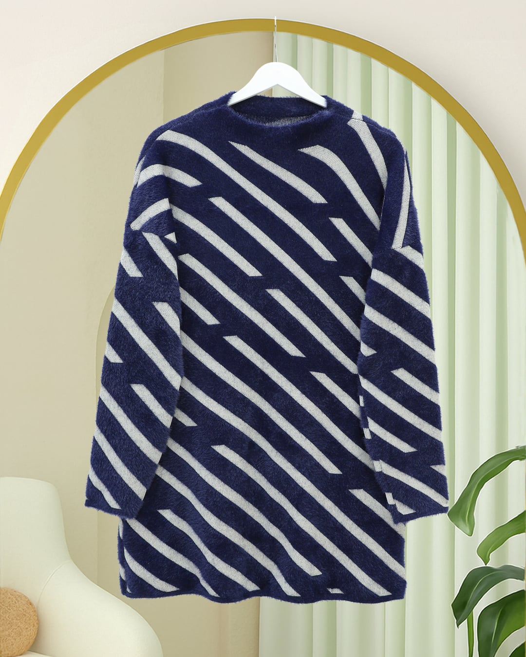 Navy Blue Side Stripe Slouchy Knit Sweater - Podyumplus - by Peralane - photo 3