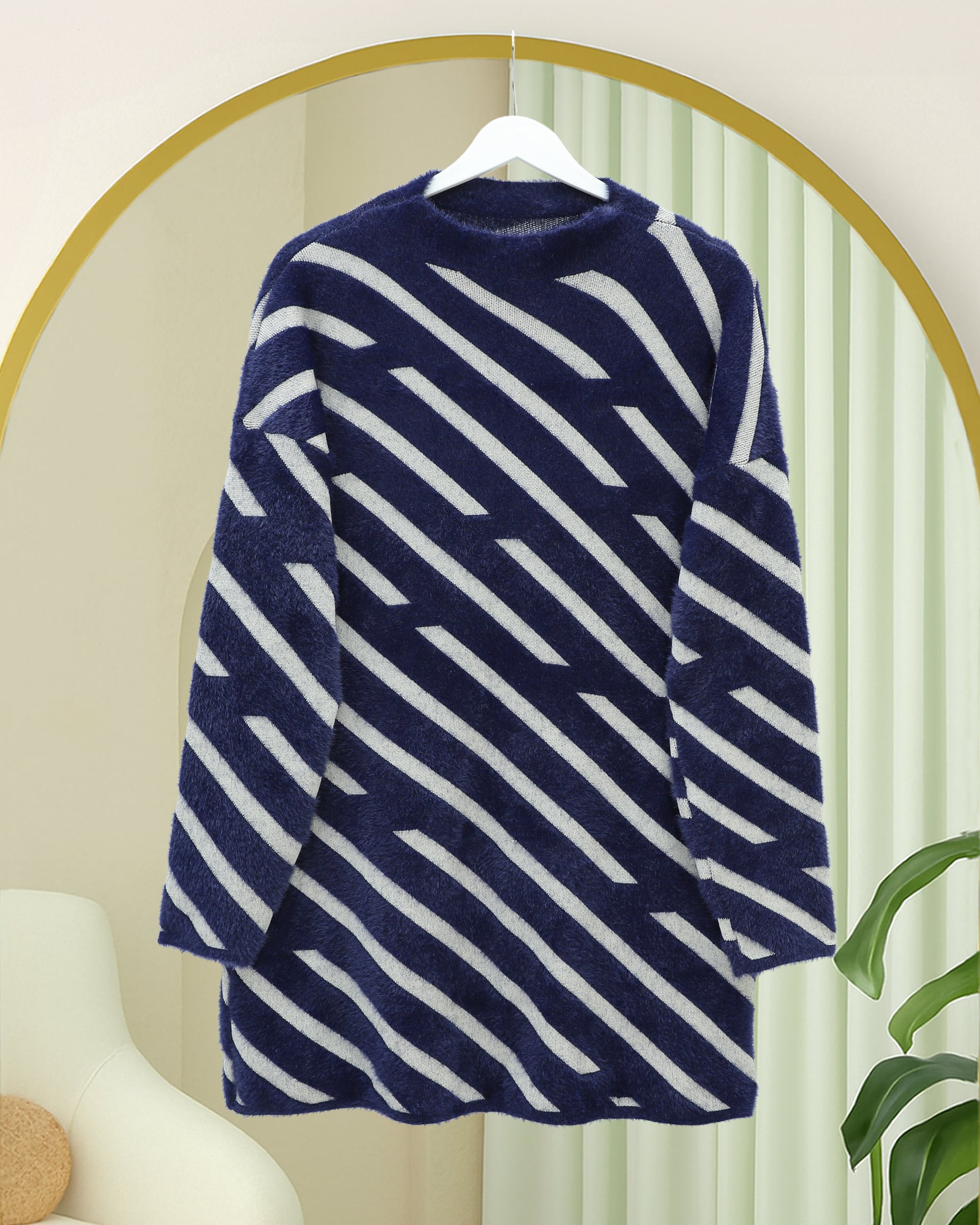 Navy Blue Side Stripe Slouchy Knit Sweater - Podyumplus - by Peralane - photo 3