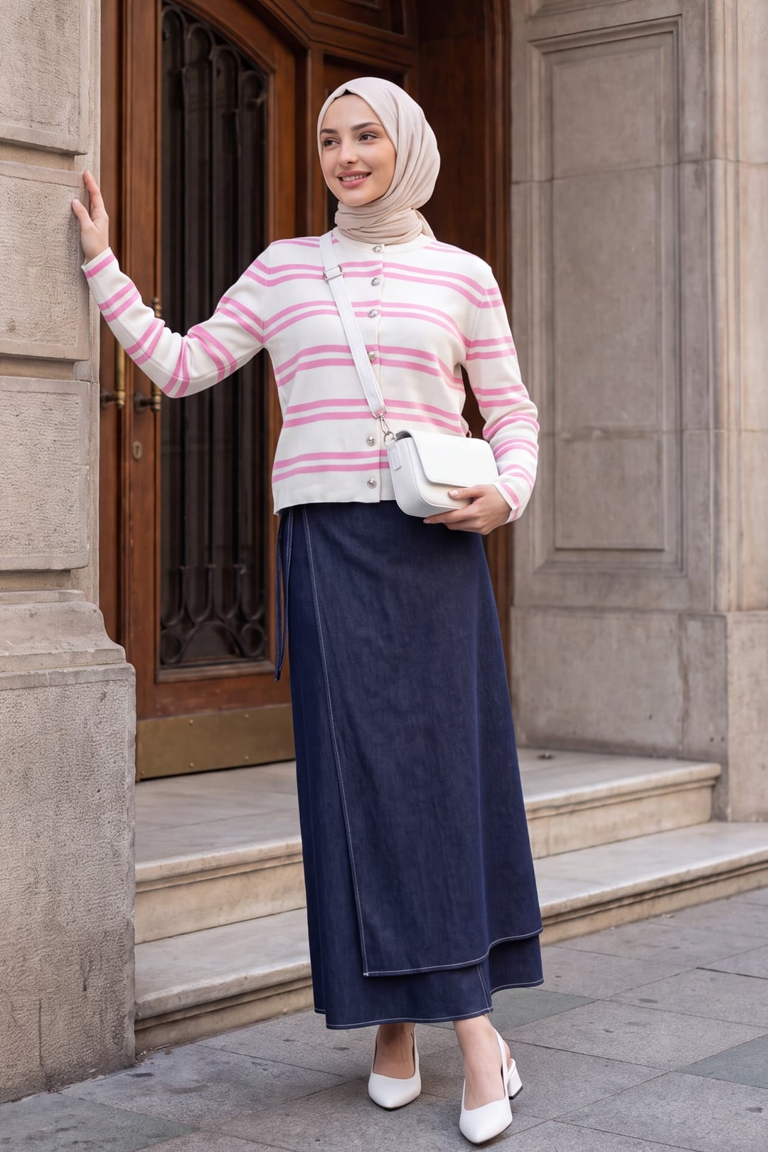 Striped Knit Cardigan with Shiny Buttons - Pink - Podyumplus - by Peralane - photo 4