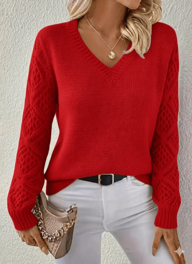 Women's Long Sleeve V-Neck Diamond Pattern Knit Sweater - Janes - by Peralane