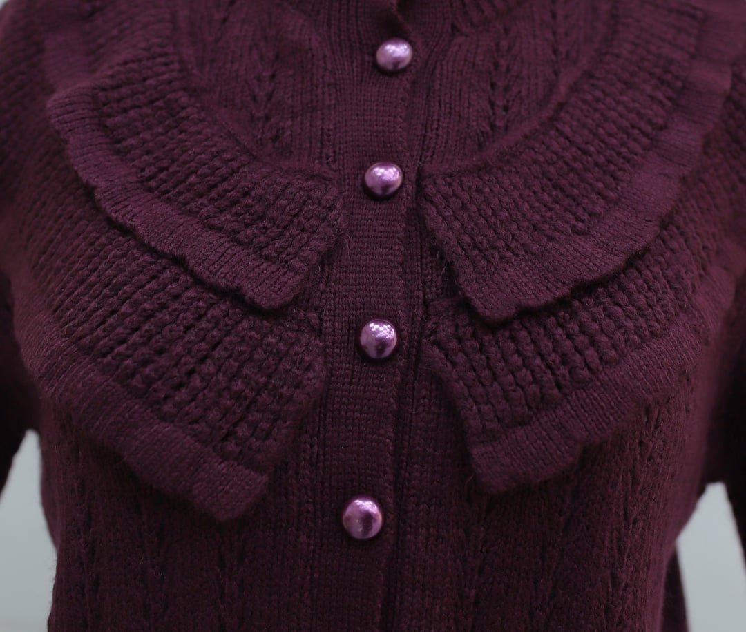 Crew Neck Ruffle Detail Openwork Button Knit Cardigan - Plum - Podyumplus - by Peralane - photo 7