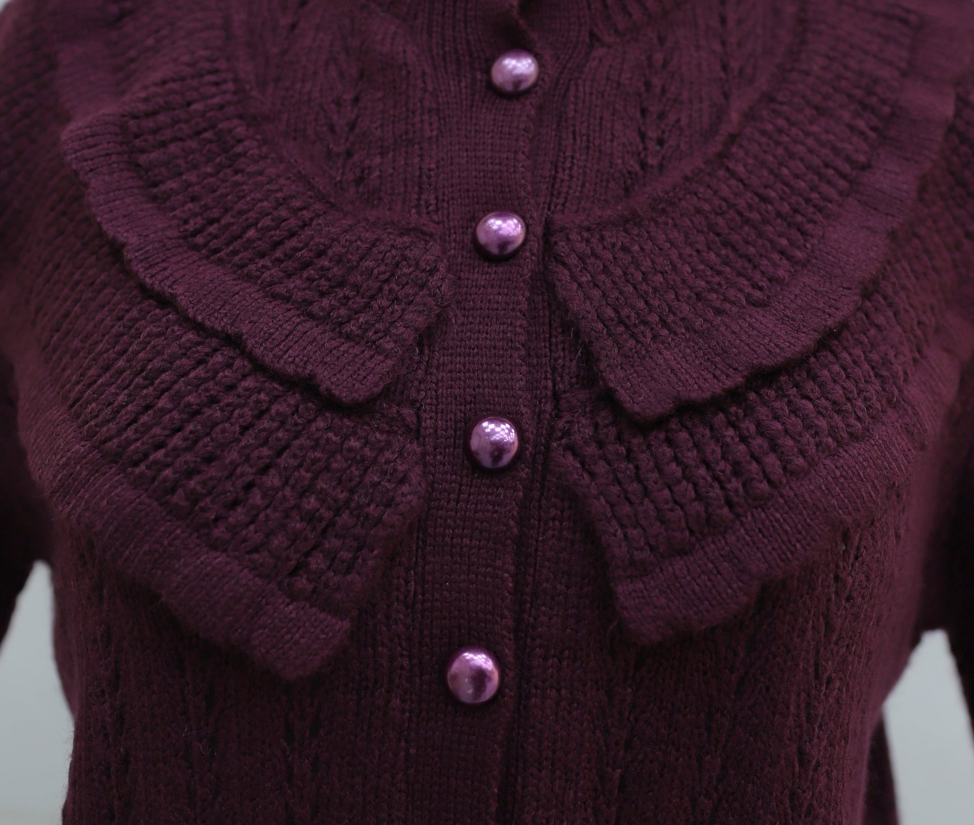 Crew Neck Ruffle Detail Openwork Button Knit Cardigan - Plum - Podyumplus - by Peralane - photo 7