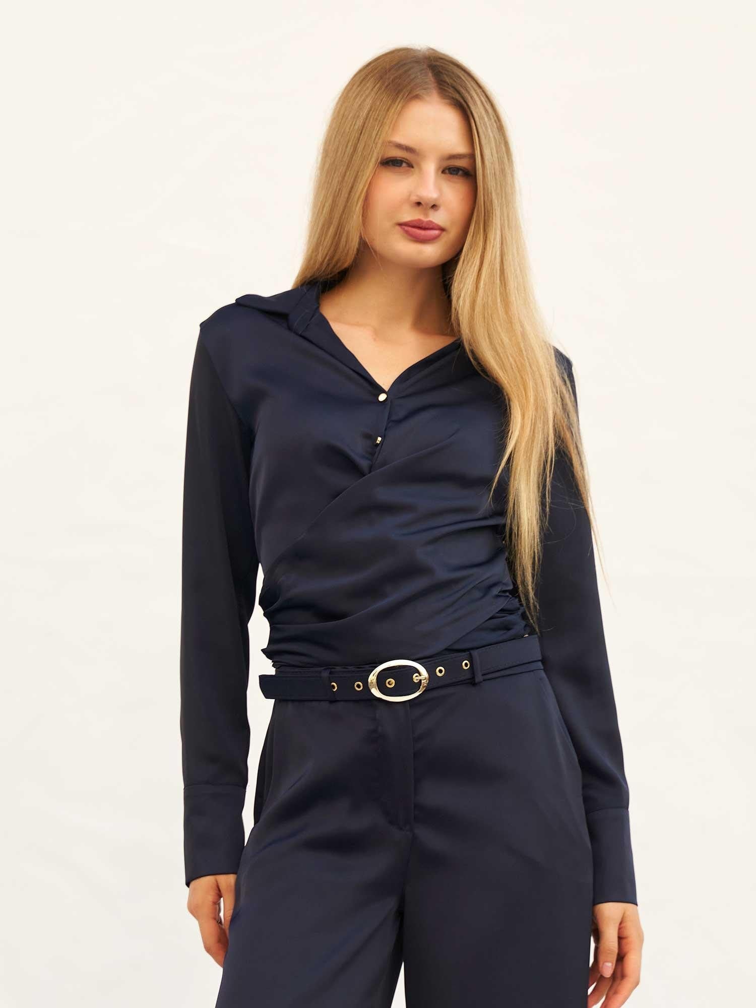 Navy Blue Wrap-Front Satin Blouse - Lefon - by Peralane