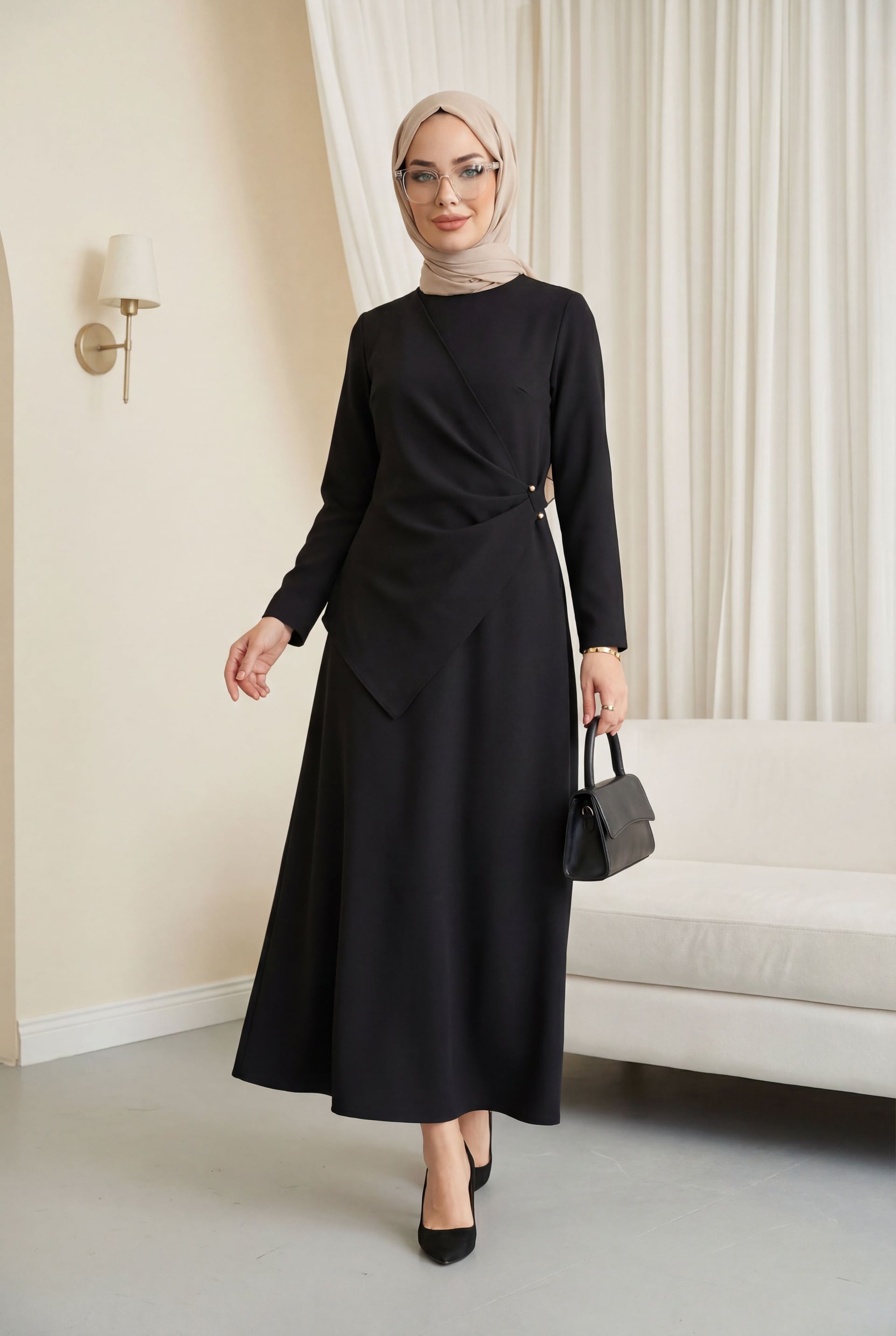 Black Round Neck Cross-Draped Buckle Imported Crepe Dress - Podyumplus - by Peralane - photo 9