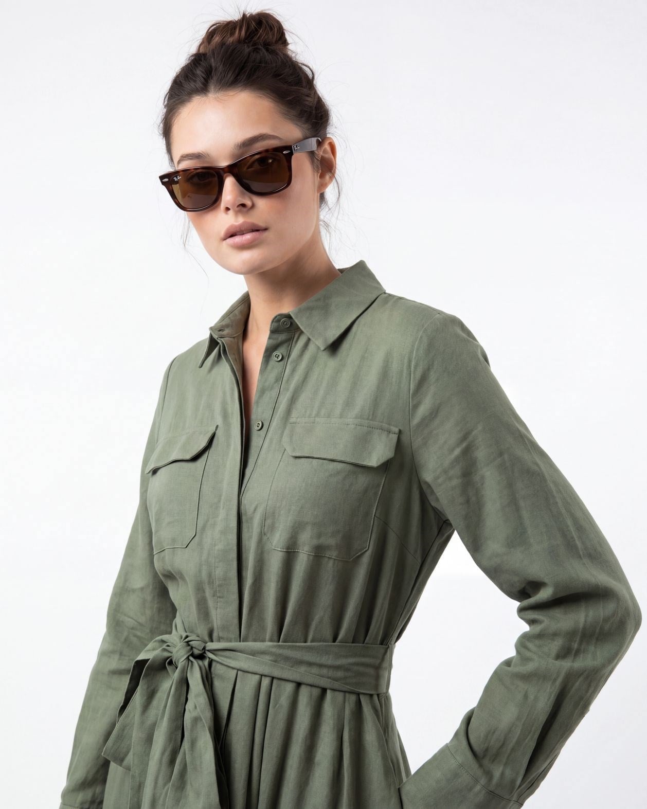 Olive Green Linen Blend Collared Button-Front Dress - Fame - by Peralane - photo 4