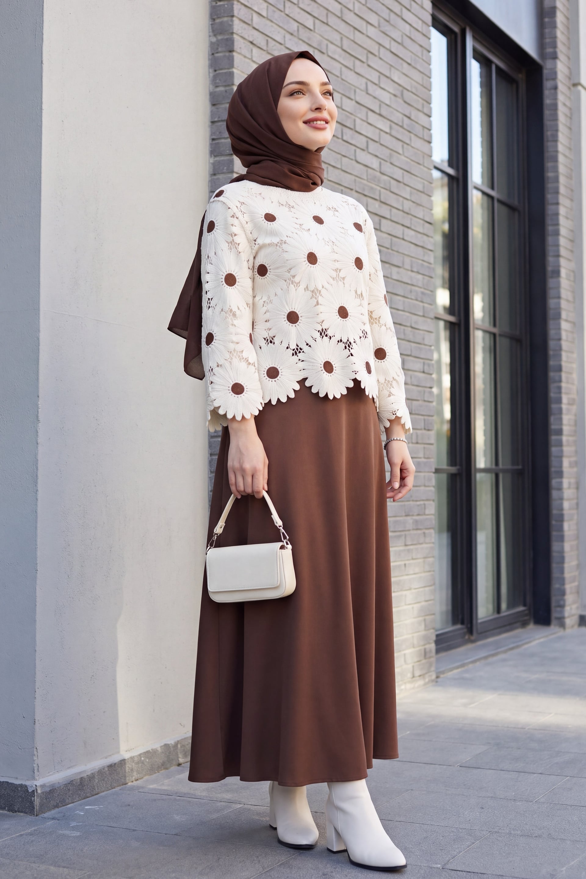 Boat Neck Daisy Pattern Knit Blouse - Brown - Podyumplus - by Peralane - photo 5