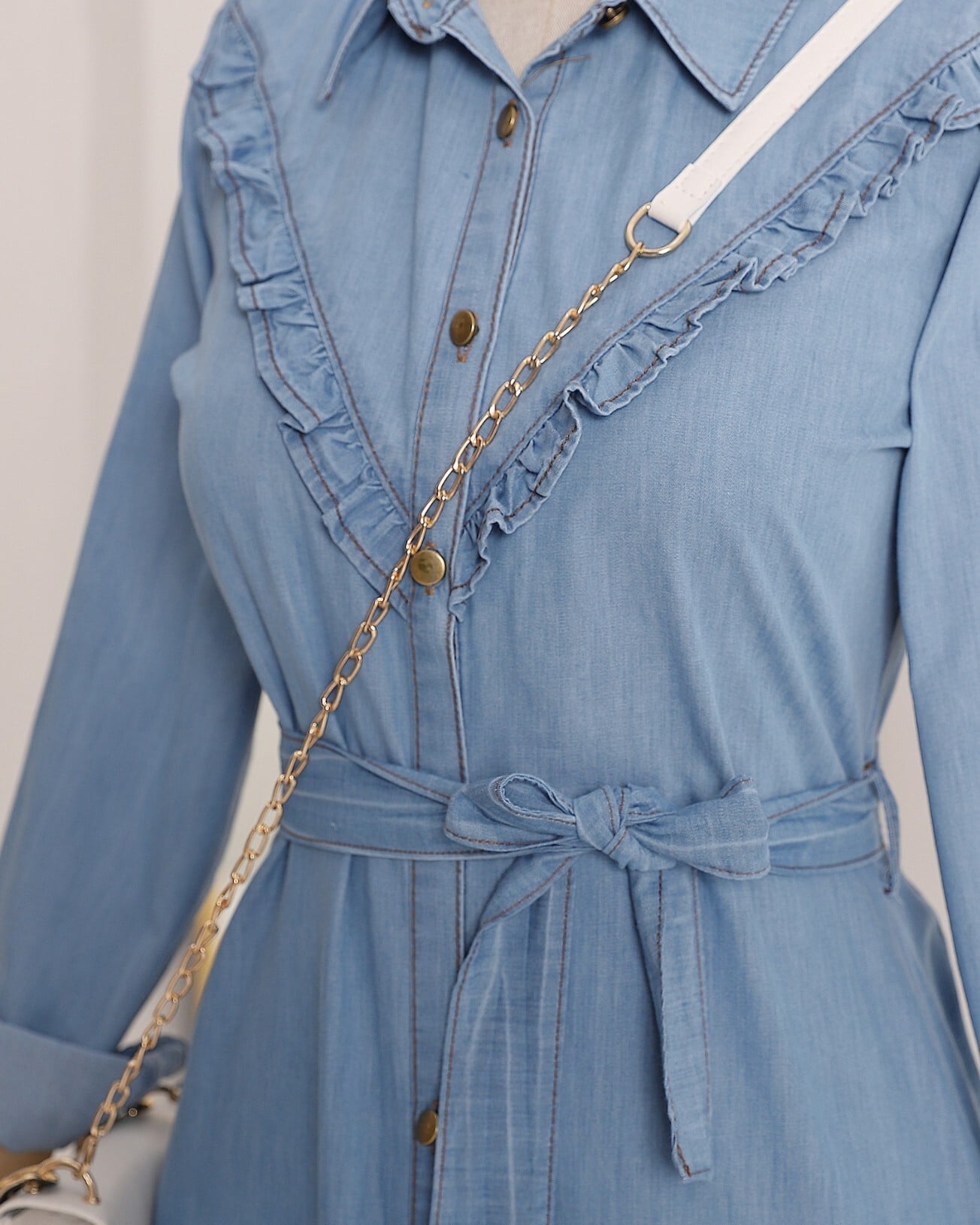 Blue Denim Dress with Full Front Buttons and Tie Belt - Podyumplus - by Peralane - photo 4