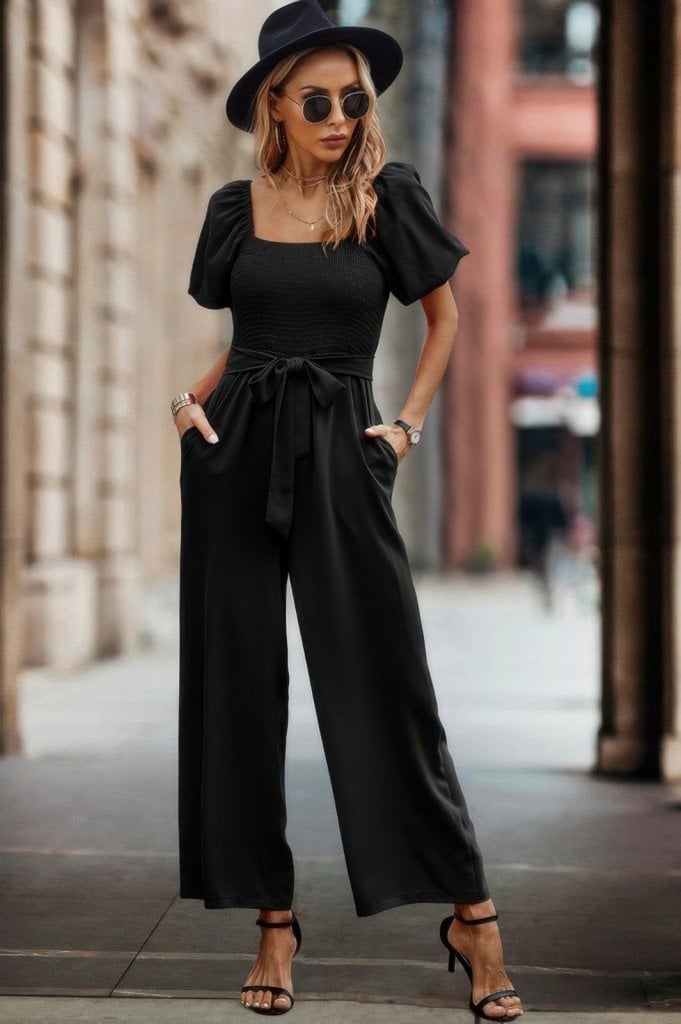 Women's Black Wide-Leg Jumpsuit with Puffed Short Sleeves and Square Neckline - Janes - by Peralane - photo 2