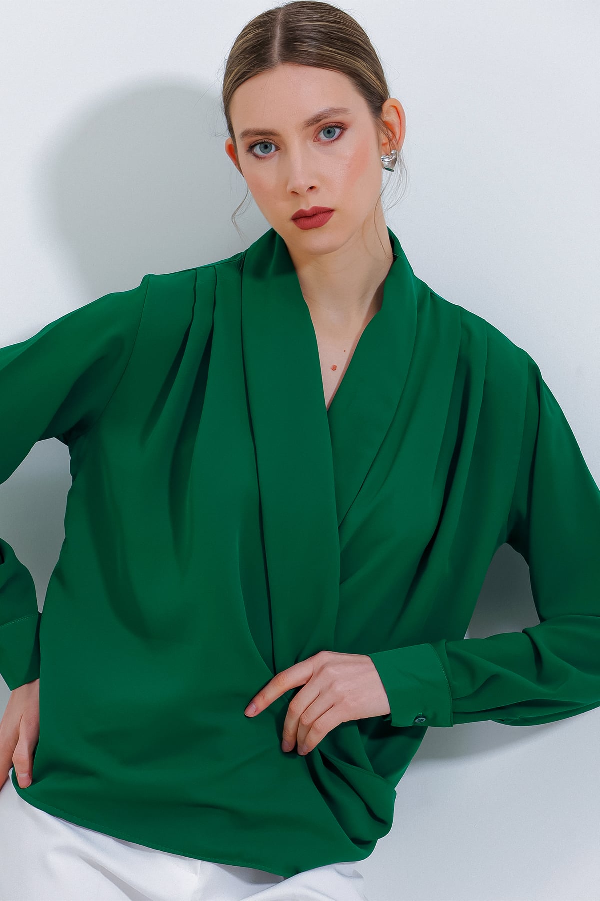 Women's Emerald Green Wrap Neck Draped Satin Blouse - Bigdart - by Peralane - photo 5