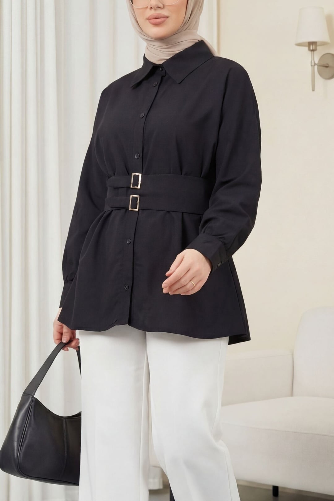 Black Double-Buckle Belted Button-Front Blouse - Podyumplus - by Peralane