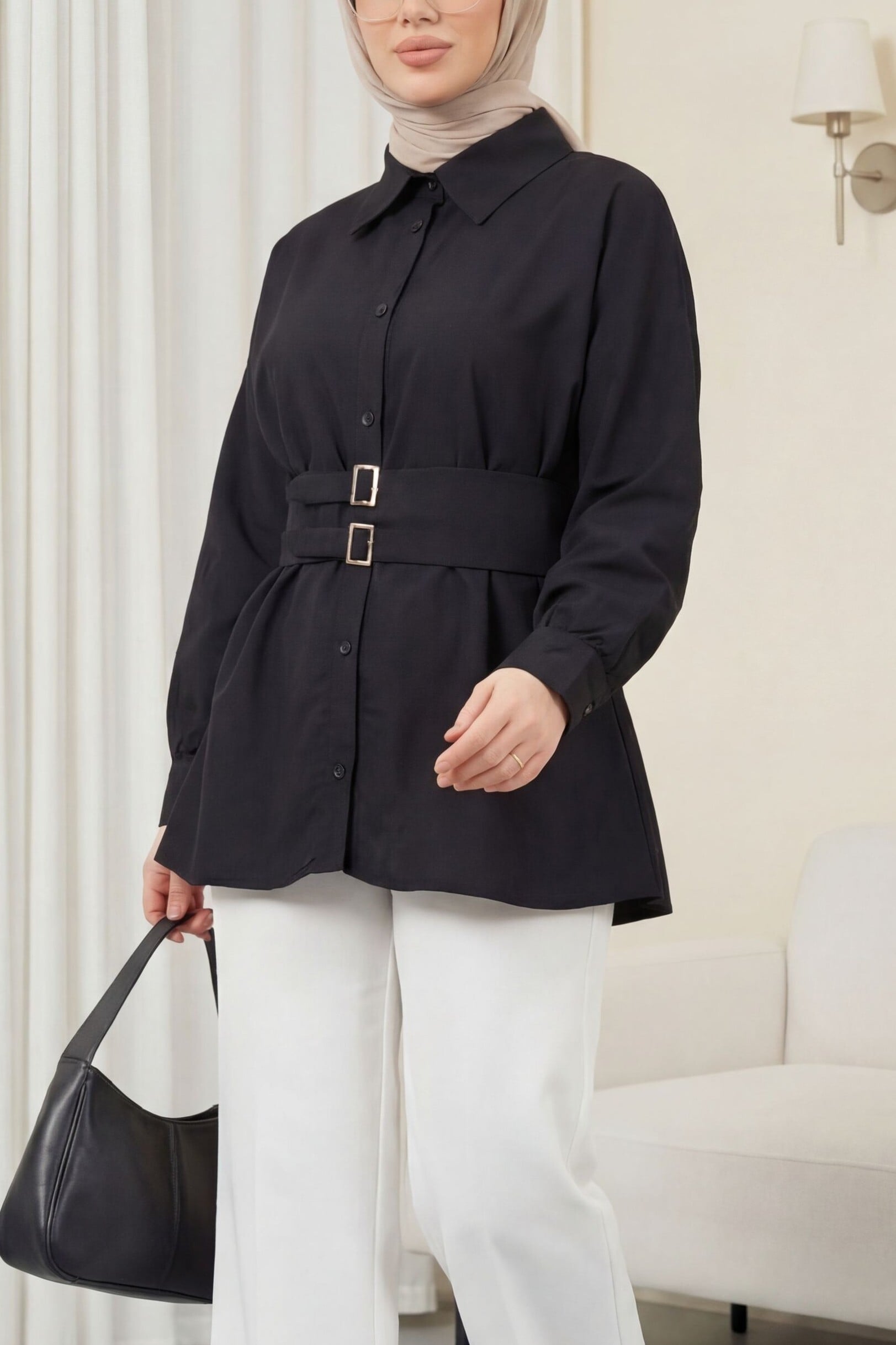 Black Double-Buckle Belted Button-Front Blouse - Podyumplus - by Peralane