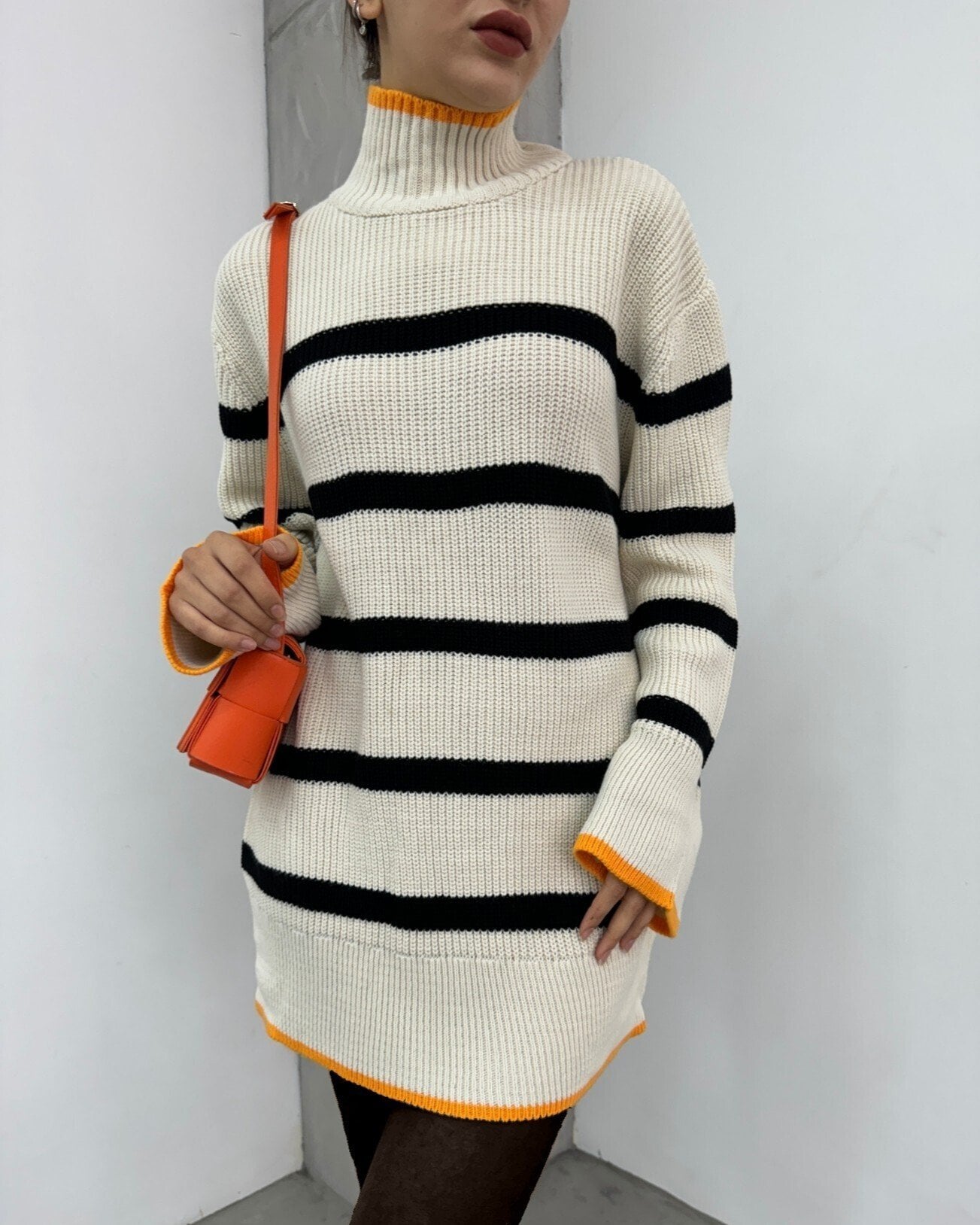 Half-Neck Knit Pattern Tunic Sweater - Cream - Podyumplus - by Peralane - photo 2