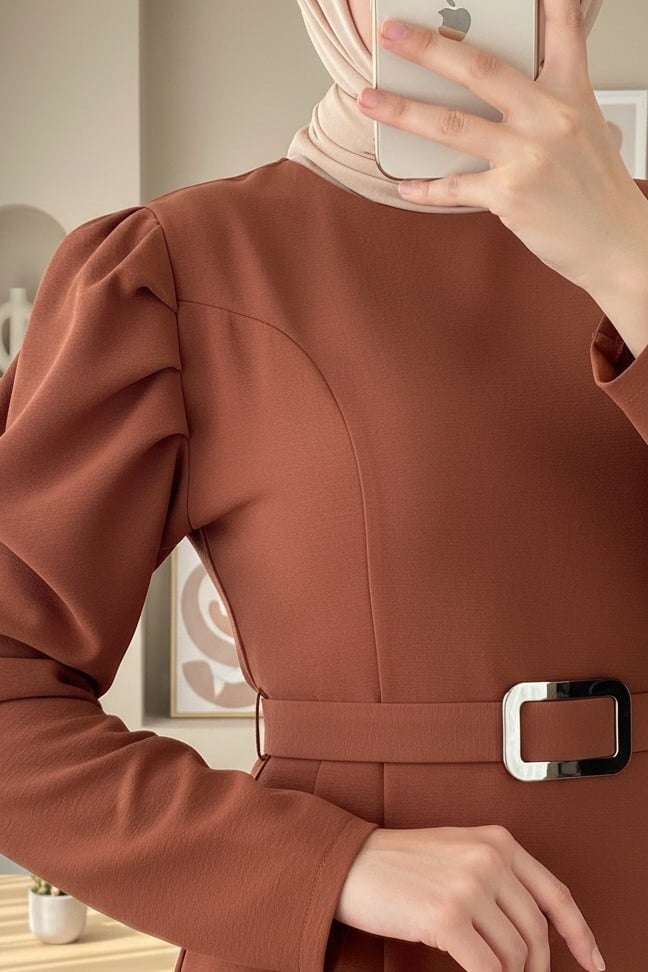 Puff Sleeve Belted Modest Dress - Tan - Podyumplus - by Peralane - photo 2