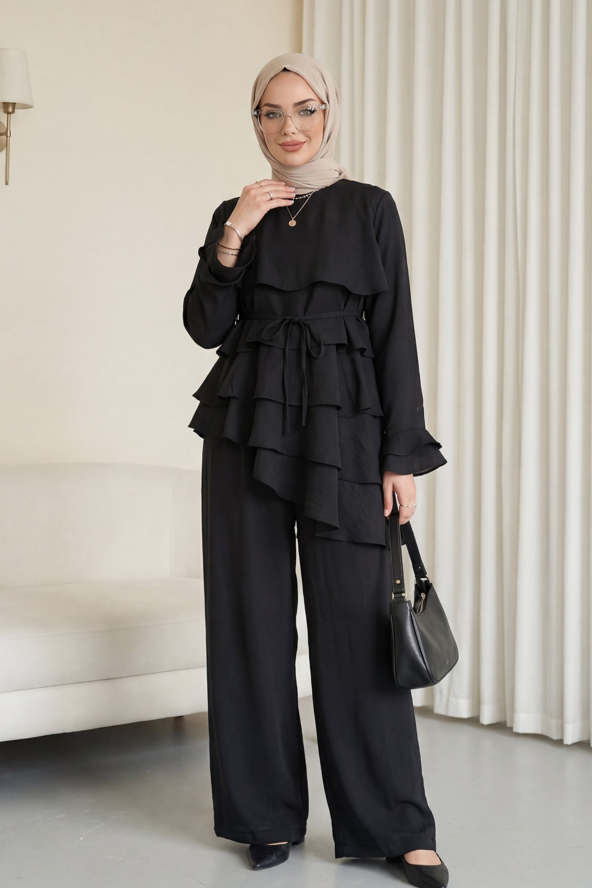 Asymmetric Layered Lace-Up Trousers Lined Cupro Co-ord Set - Black - Podyumplus - by Peralane - photo 6