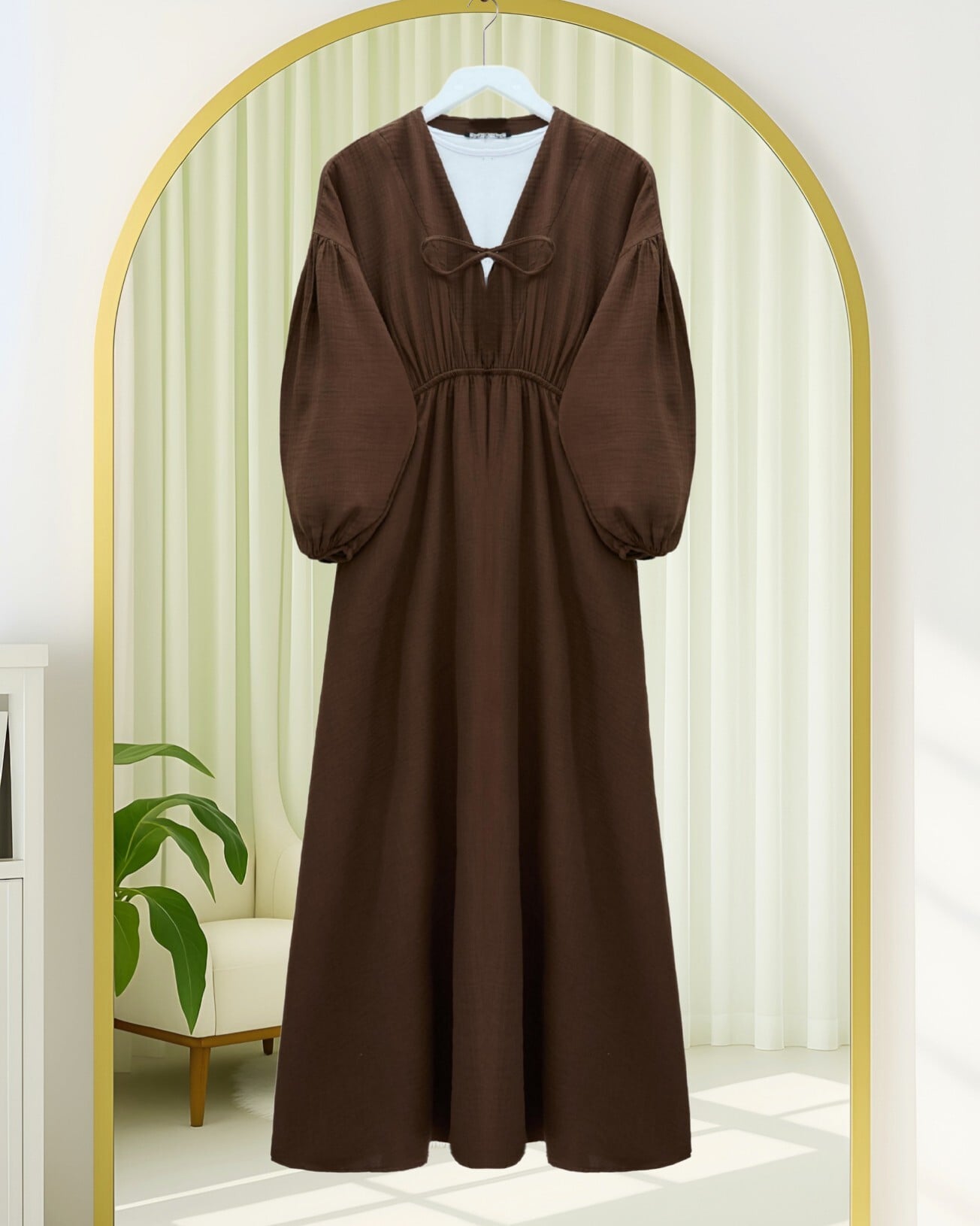 Brown Muslin Dress with Tie Neck, Elastic Cuffs and Waist - Podyumplus - by Peralane - photo 3