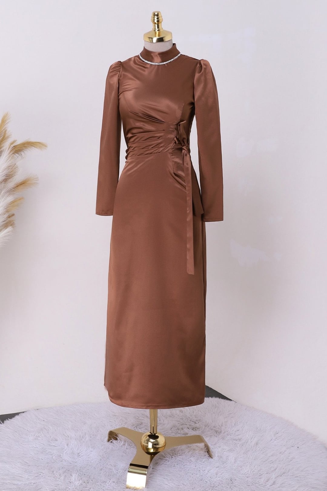 Side Ruched and Tie Detail Stone-Collar Satin Dress - Brown - Podyumplus - by Peralane