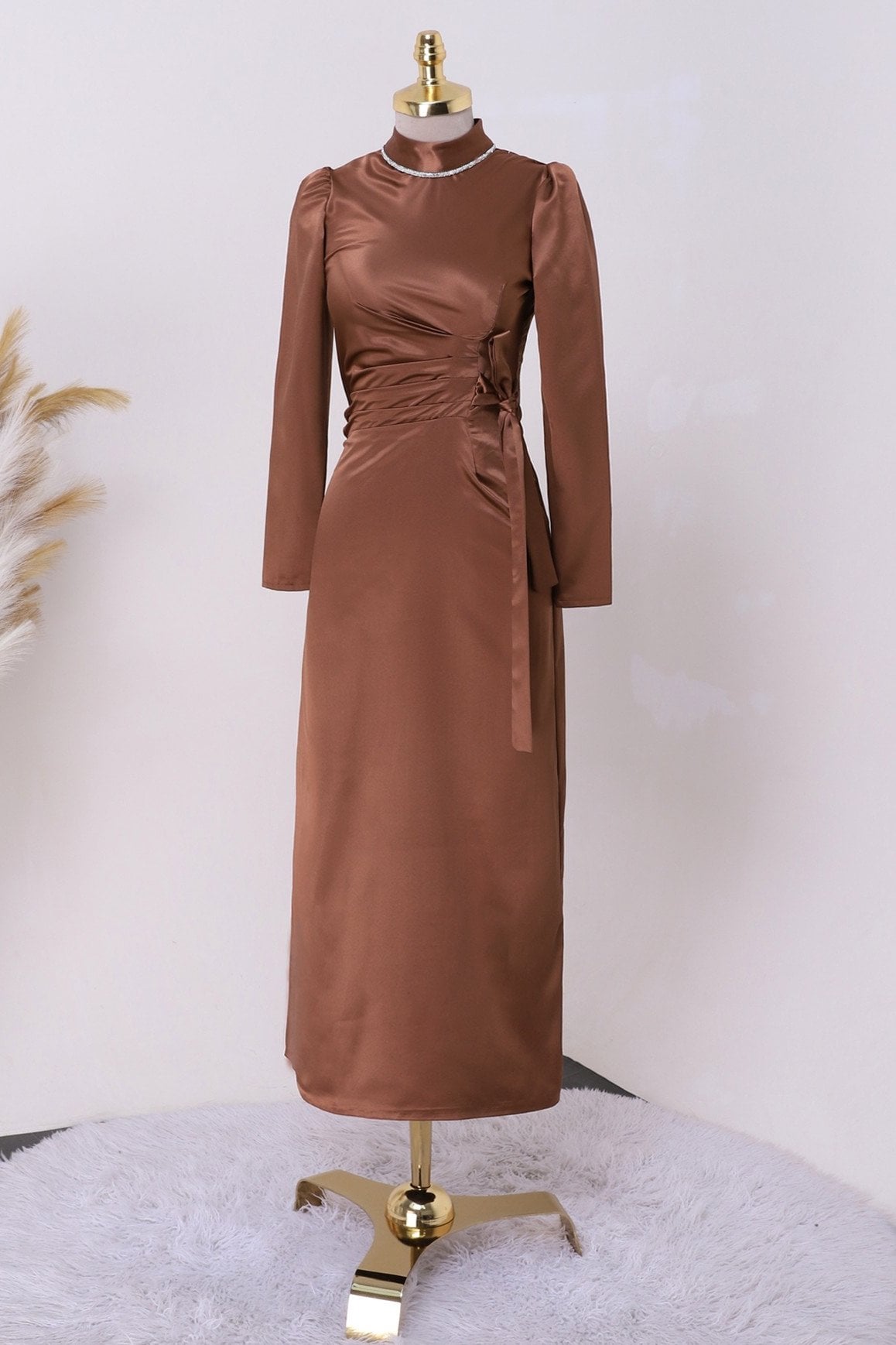Side Ruched and Tie Detail Stone-Collar Satin Dress - Brown - Podyumplus - by Peralane