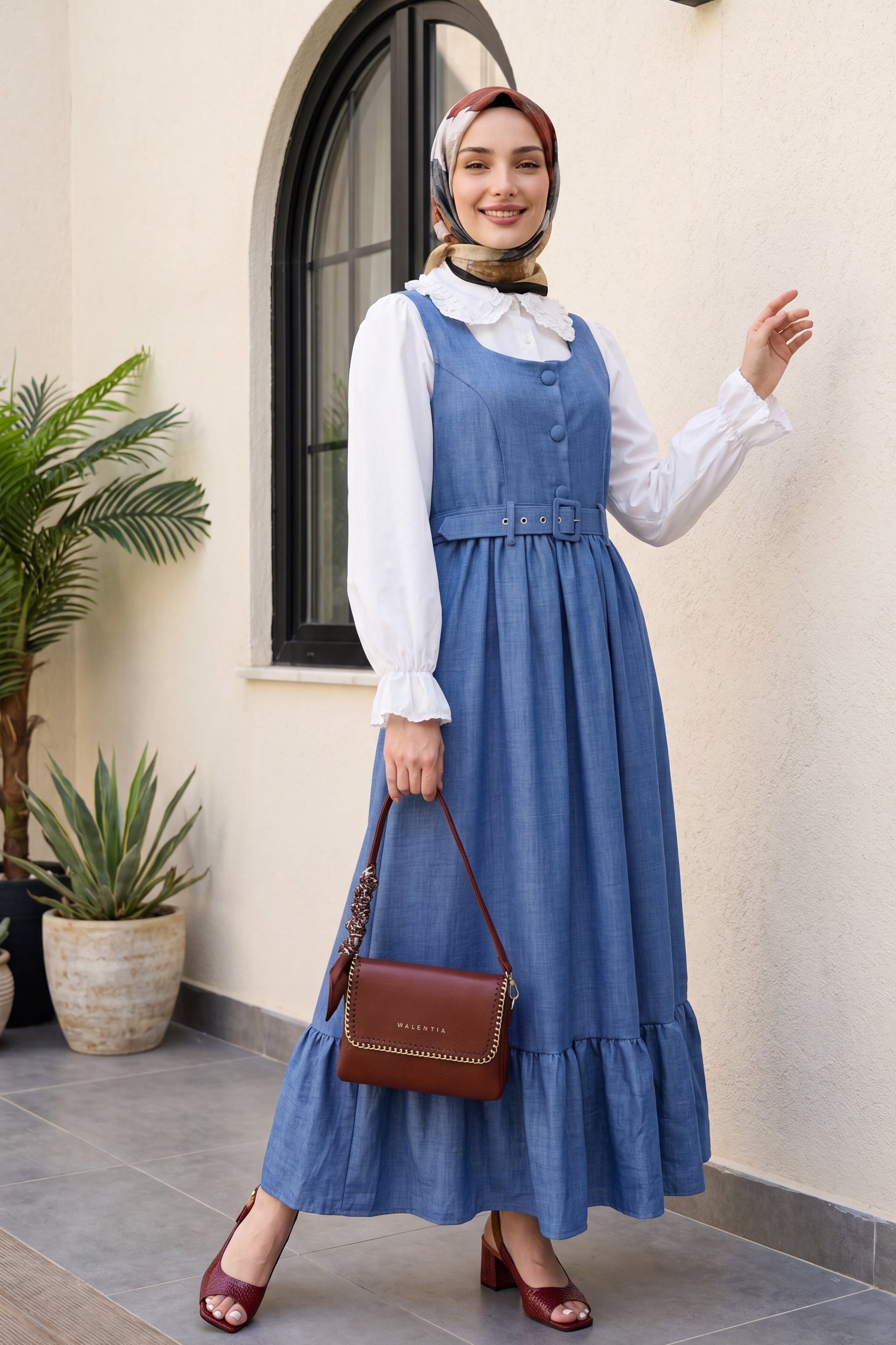 Top Buttoned Ruffled Hem Belted Jile Dress - Indigo - Podyumplus - by Peralane - photo 3