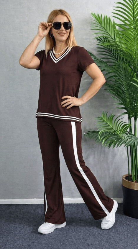 Women's Short-Sleeve V-Neck Viscose Two-Thread Top and Trousers Tracksuit Set - Janes - by Peralane - photo 3