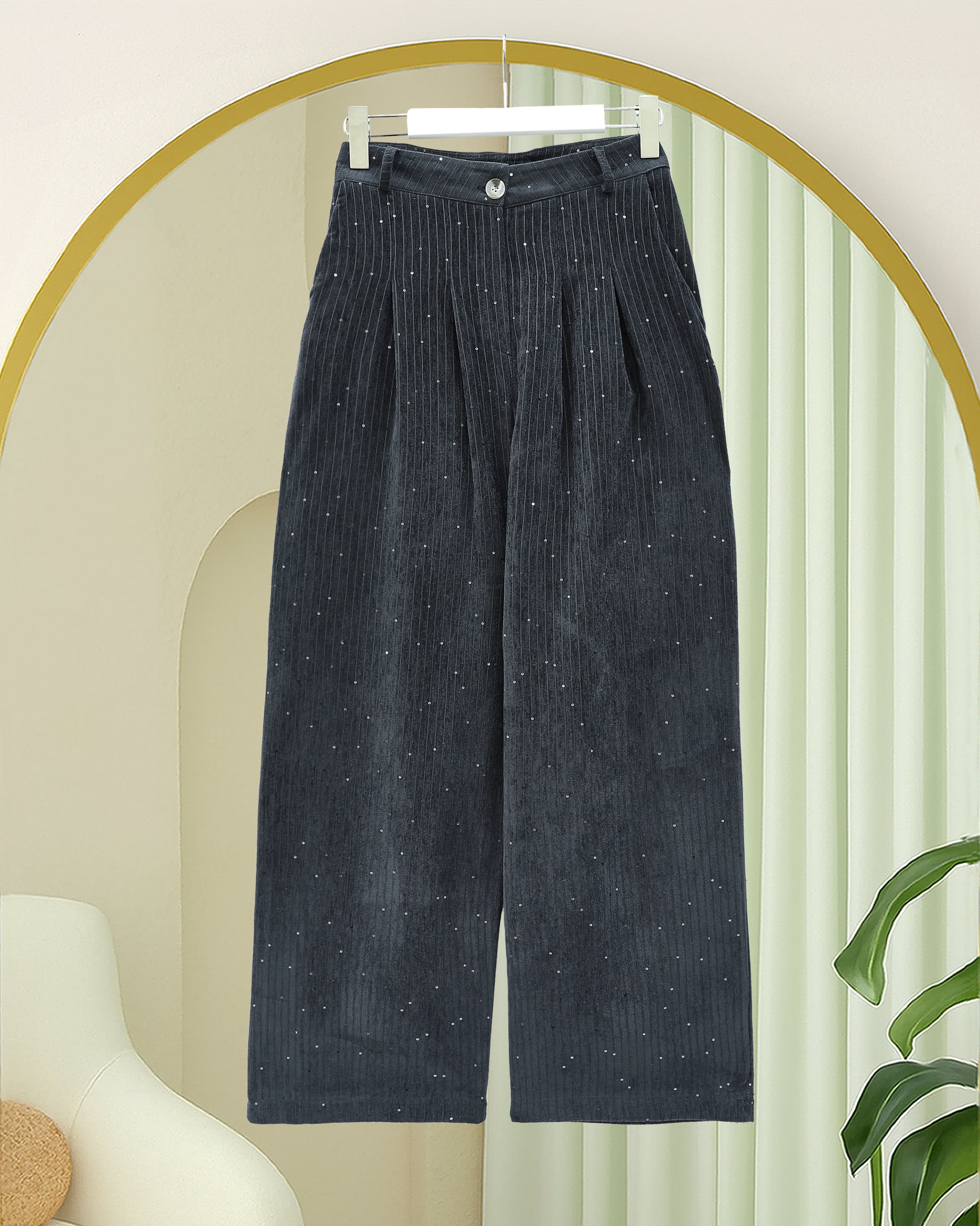Pleated Wide-Leg Velvet Trousers with Glitter Details - Anthracite - Podyumplus - by Peralane - photo 4