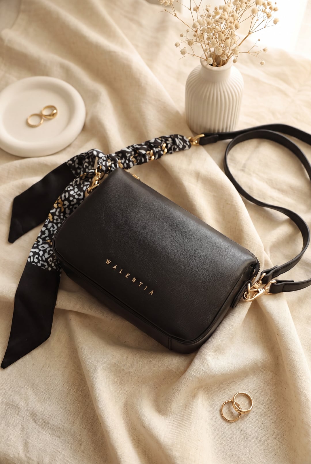 Black Zip Compartment Shoulder Bag with Scarf Detail - Podyumplus - by Peralane
