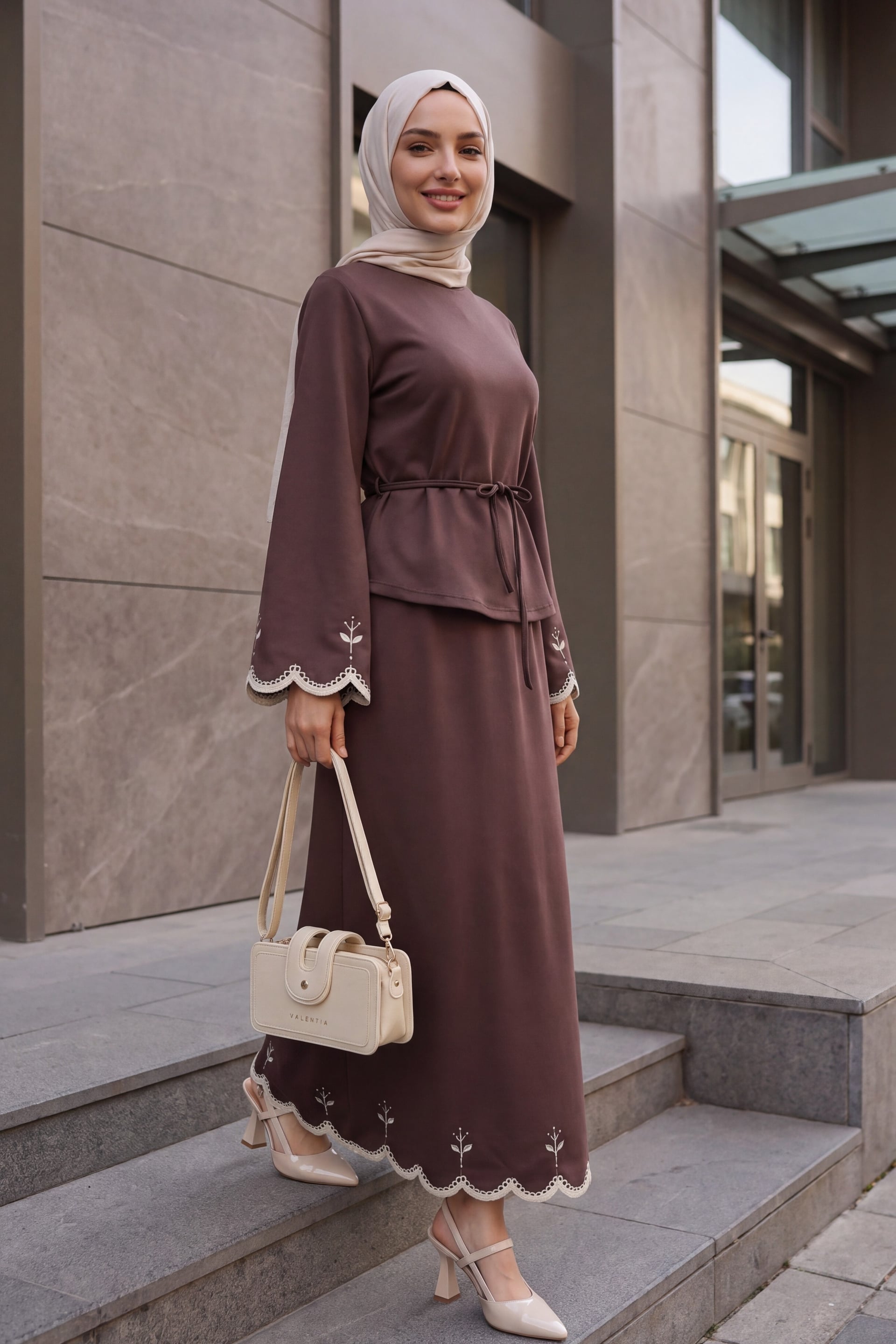 Embroidered Belted Jersey Two-Piece Set with Skirt - Cherry - Podyumplus - by Peralane - photo 4