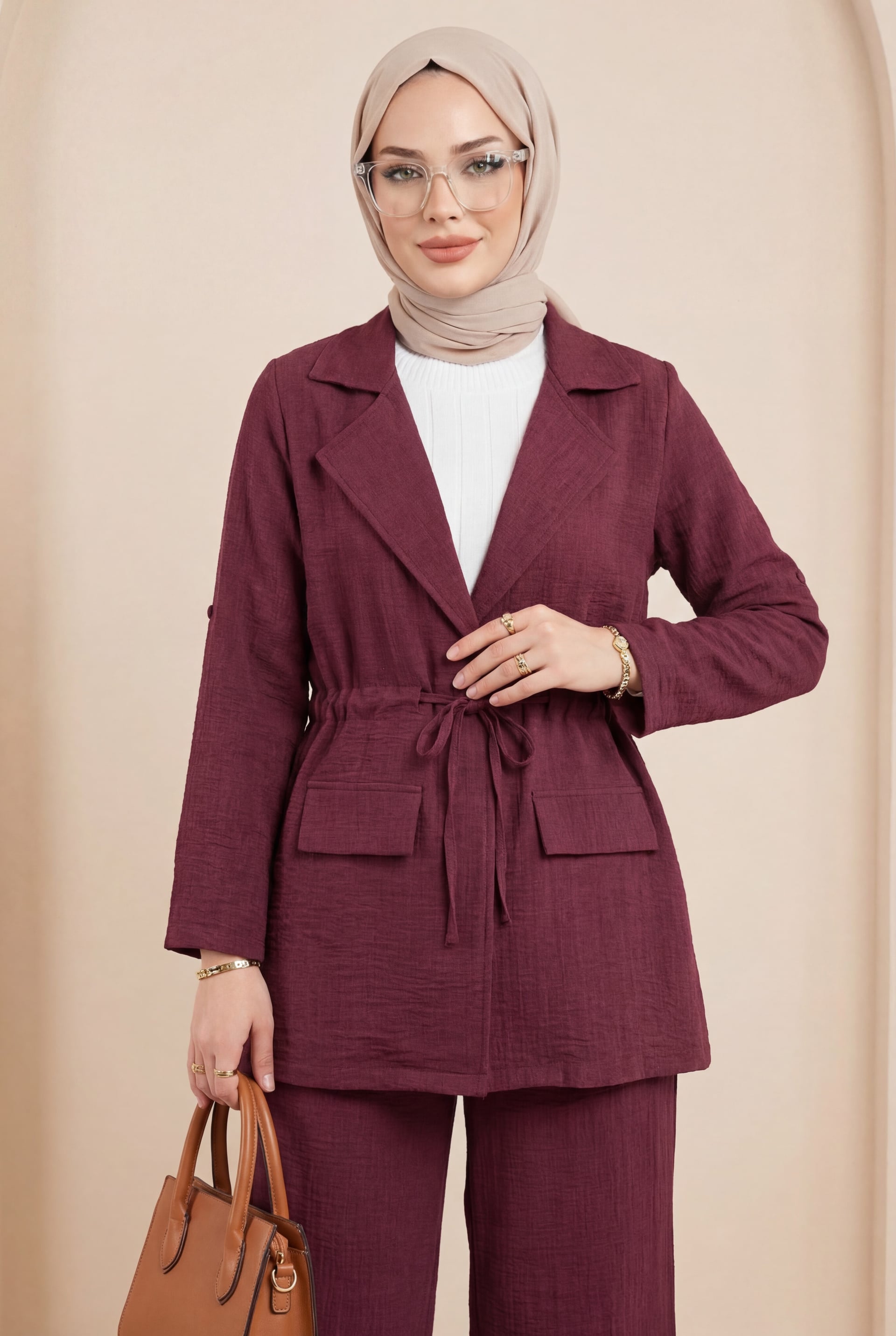 Burgundy Linen-Look Two-Piece Set with Tunnel Bridge Blazer and Wide-Leg Trousers - Podyumplus - by Peralane - photo 5