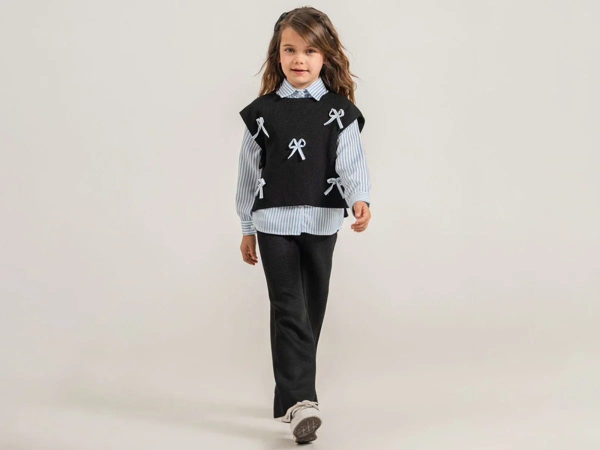Girls' 3-Piece Suit with Bow-Detail Vest and Striped Shirt - Pampal Kids - by Peralane