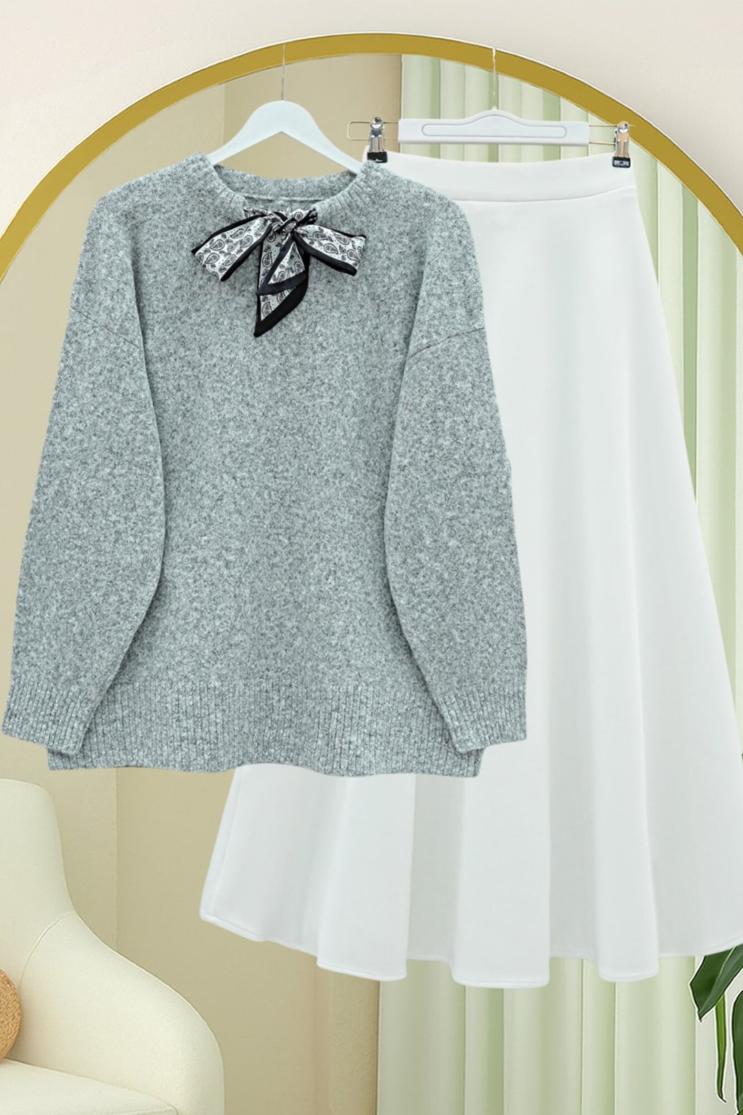 Scarf Collar Detail Soft Knit Sweater - Grey - Podyumplus - by Peralane